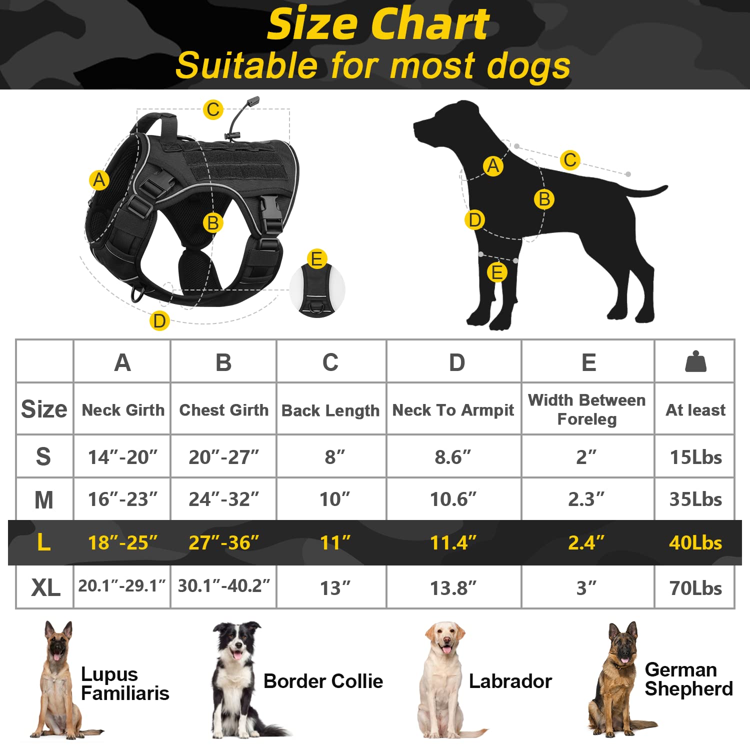 Wingoin Black Tactical Dog Harness For Large Dogs No Pull Adjustable Pet Harness With Handle Reflective K9 Military Service Dog Vest For Walking Hiking Training (L)