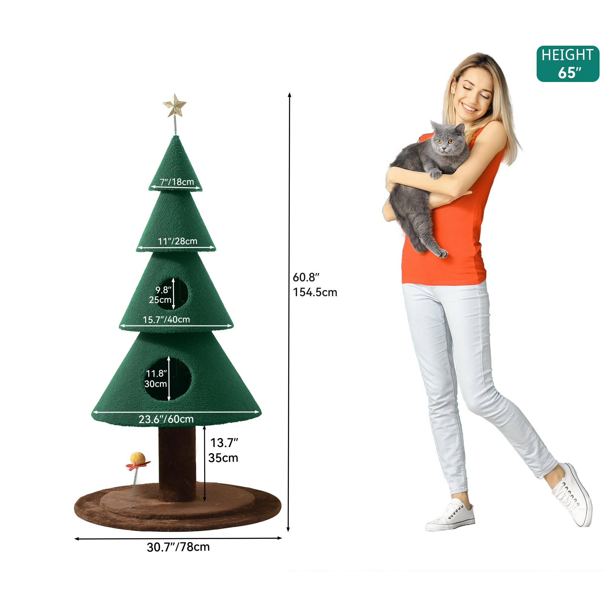 DWVO 60in Cat Christmas Tree with 2 Condos, Cat Tree House for Indoor Cats, Kitty Furniture Party Decoration with Cat House and