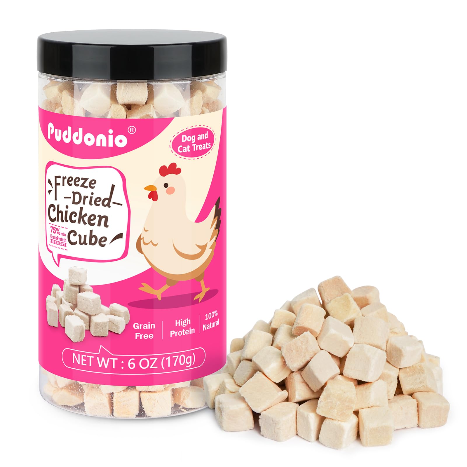 Puddonio Freeze Dried Cats & Dogs Raw Treats, All Natural Single Ingredient Chicken Breast, High Protein Healthy Pet Training Tr