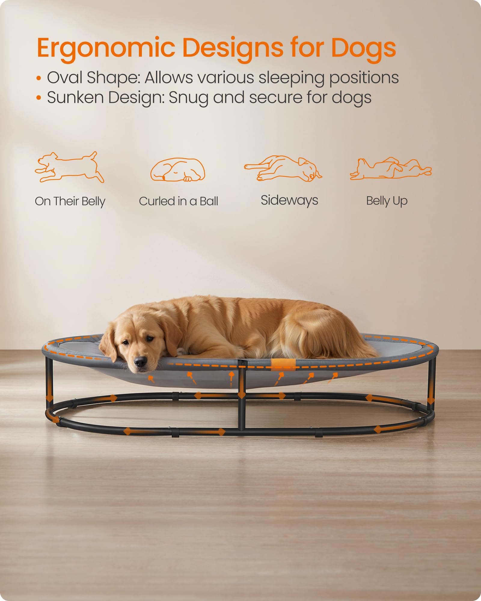 Feandrea Pet Bed, Cat Hammock, Elevated Cat Bed for Multiple Cats, with Removable Washable Mesh, for Pets up to 120 lb, Oval, Gr