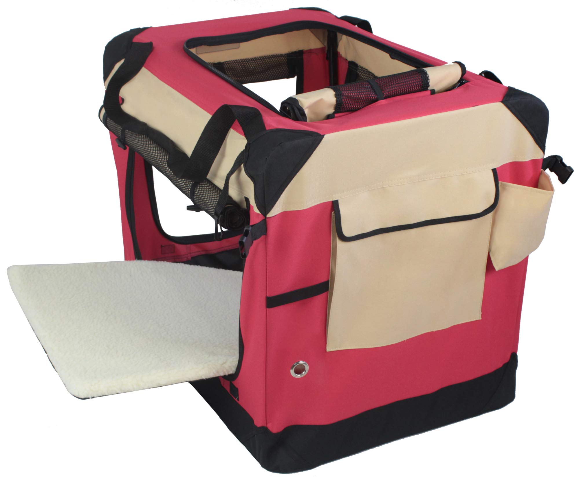 EliteField 4-Door Folding Soft Dog Crate, Indoor & Outdoor, 30" L x 21" W x 24" H, Red+Beige, Includes Carrying Bag &