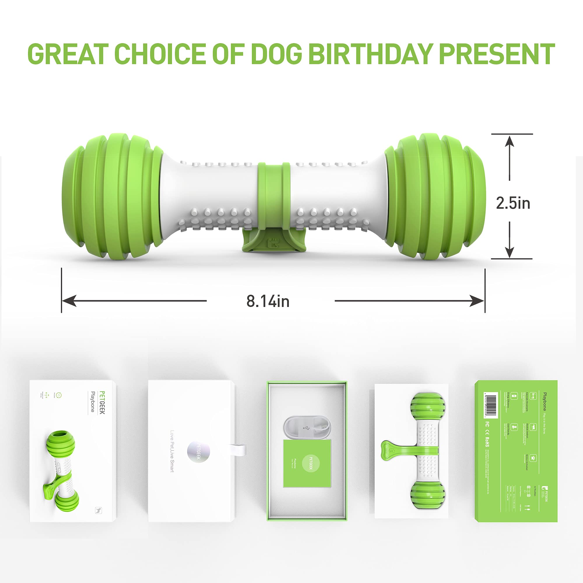 PETGEEK Interactive Dog Toy - Motion Activated USB Rechargeable Bone for Medium Large Dogs - Green Automatic Dog Toy for Boredom & Stimulation