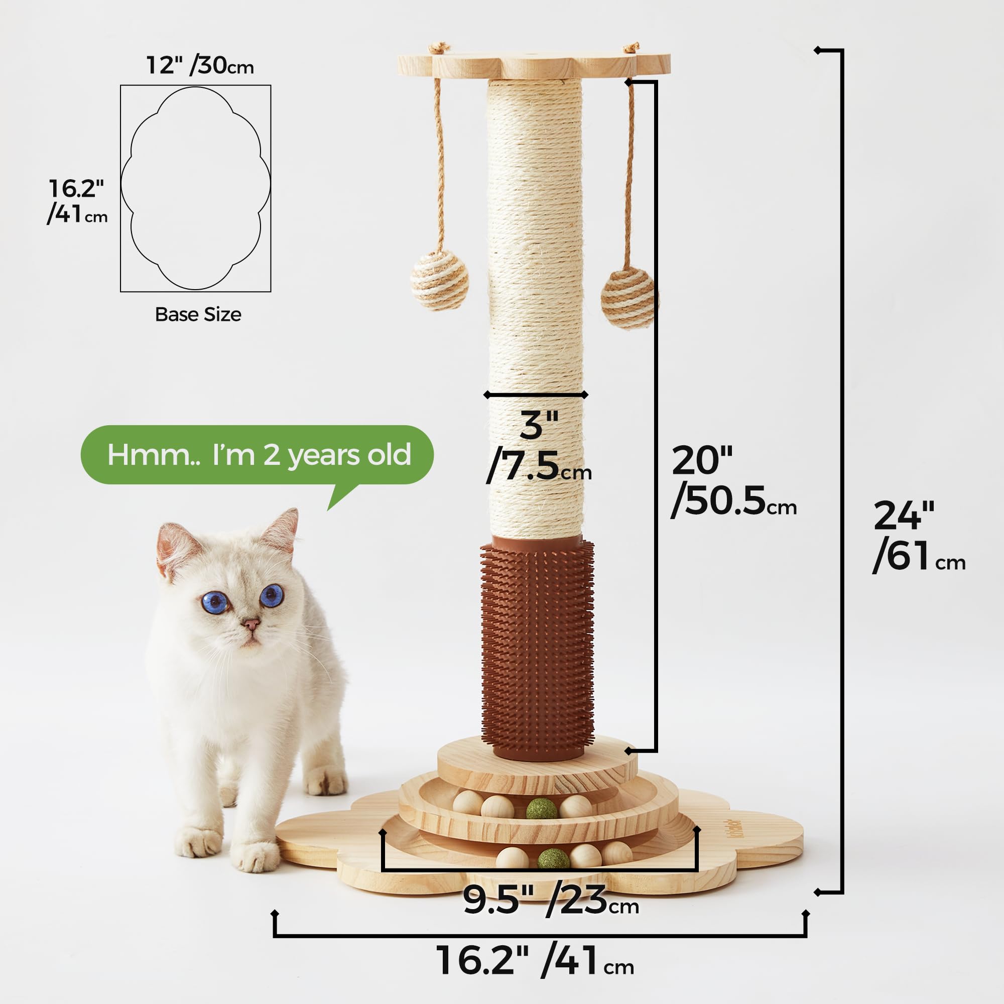 KHALOR Cat Sisal Scratching Post, 4 in 1 Wooden Cat Scratcher Toy with Groomer, 24 Tall Scratch Post with 2-Layer Interactive Tr