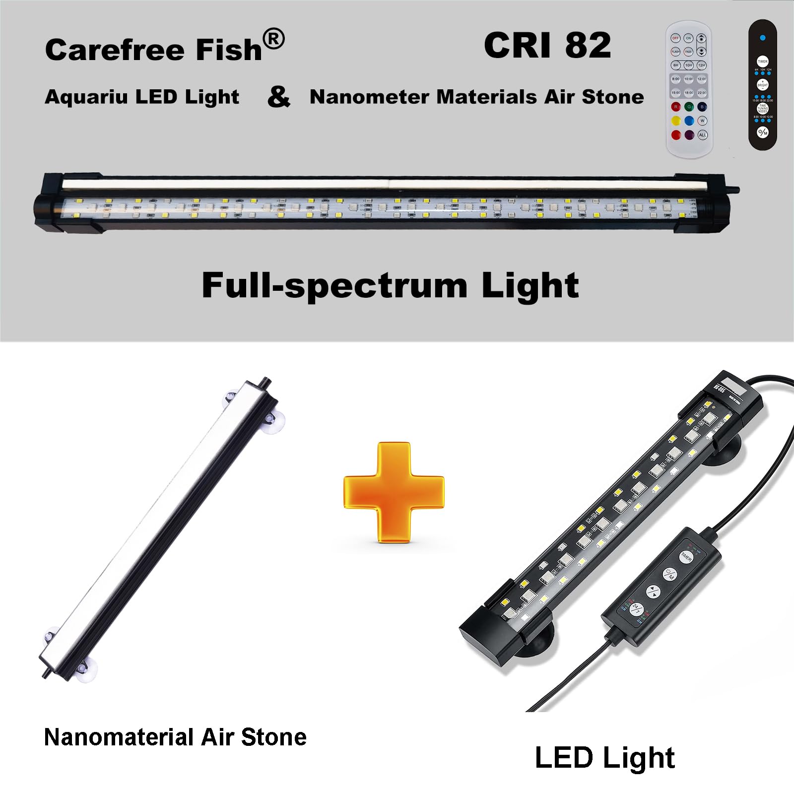 Carefree Fish Aquarium 24/7 Mode Timer Submersible LED Light Full Spectrum CRI 82 Tank Underwater Light & Nanometer Materials Ai