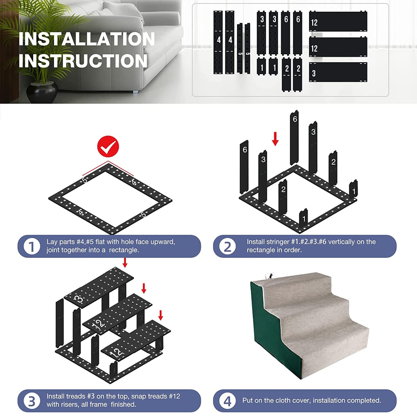 Enjoying Dog Stairs For Small Dogs, 3-Step Puppy Ladder For Couch, Assemblable Non-Slip Doggy Cat Steps, Green/Grey