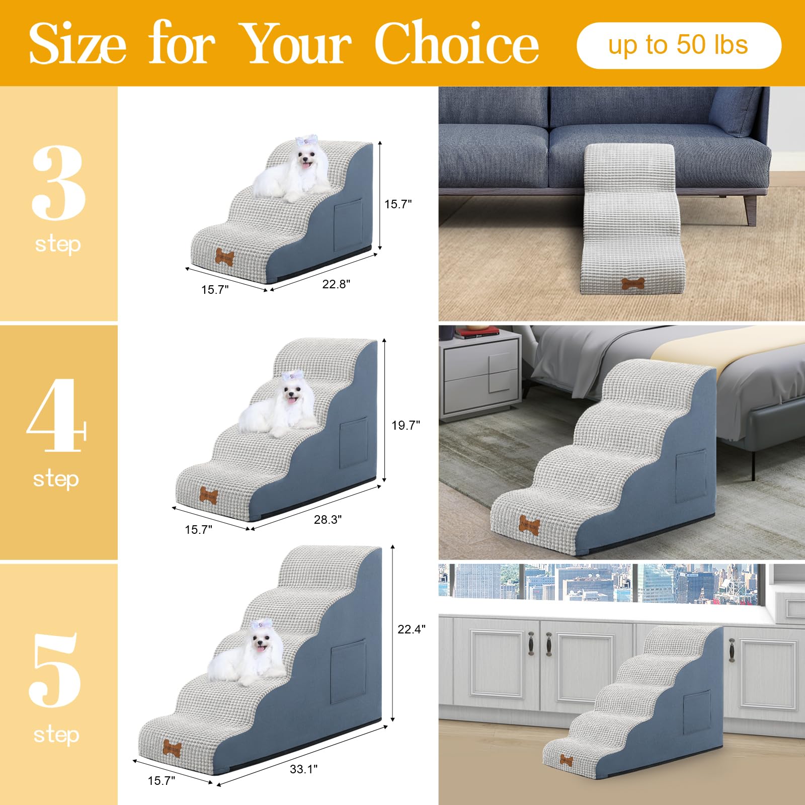 Dog Stairs For Small Dogs, Curved Pet Step With Leakproof Cover, High Density Foam Cat Ramp For Bed Or Sofa, 3 Steps Grey