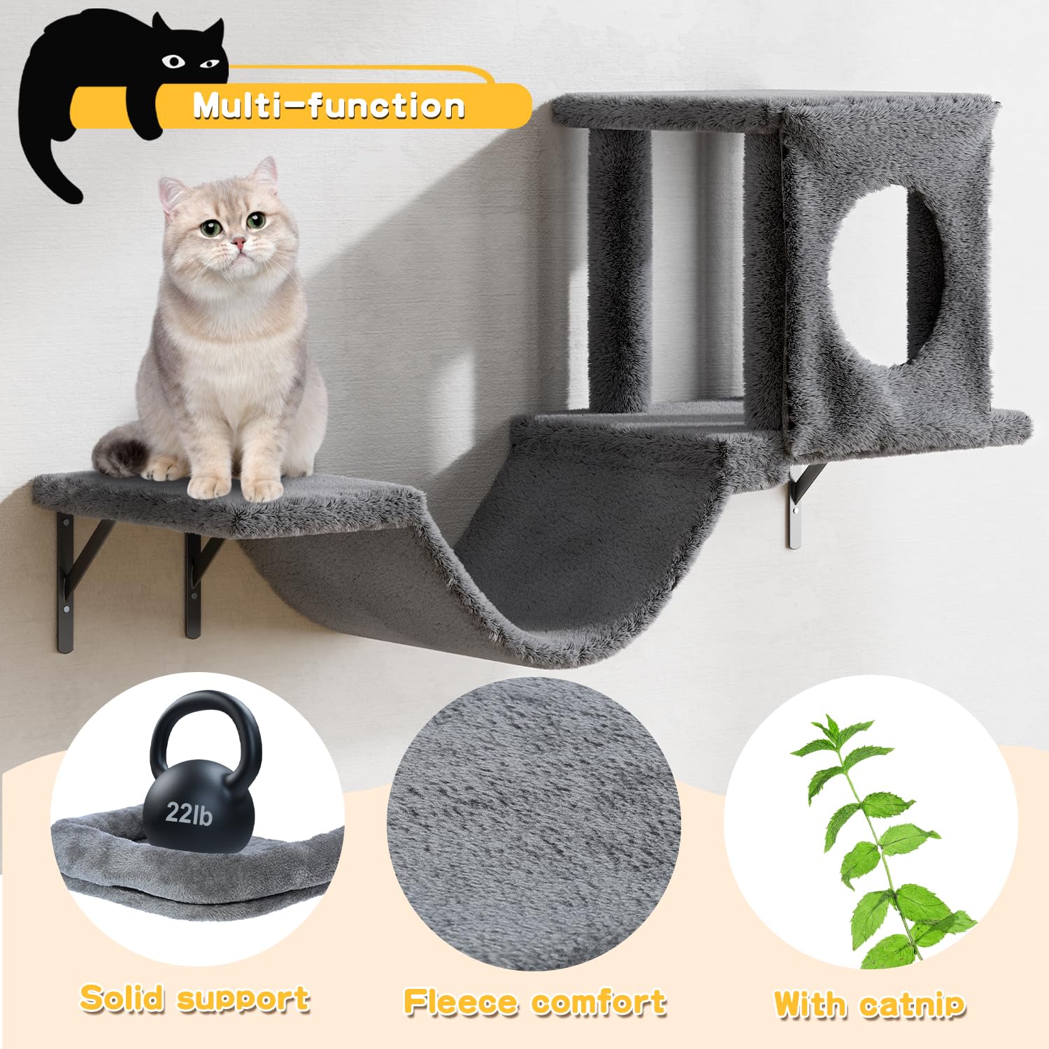 Nunu Lab Wall Mounted Cat Climber Set, 6 Pcs Cat Furniture Set With House, Tunnel, Bridge, Steps, Scratcher Board And Hammock, S