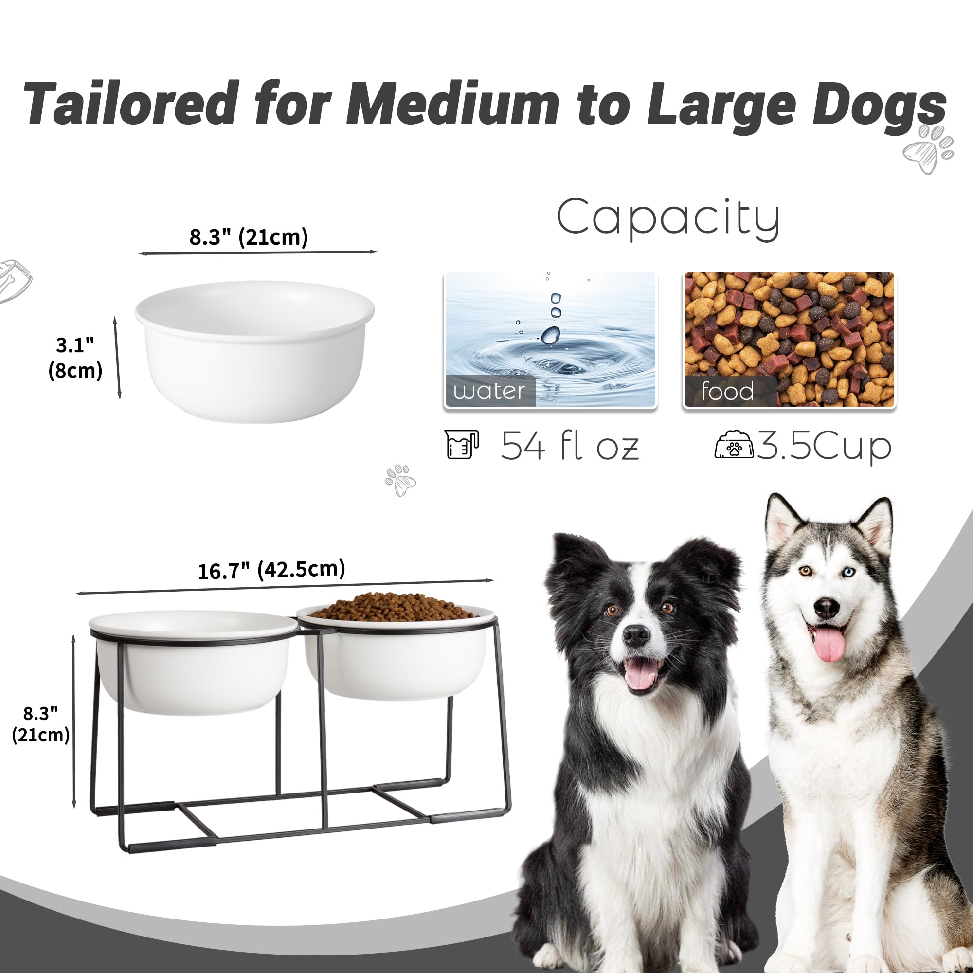 Ceramic Elevated Dog Bowl Set - Raised Double Feeding Bowls With Metal Stand - Pet Dishes For Medium And Large Dogs - 3.5 Cups -