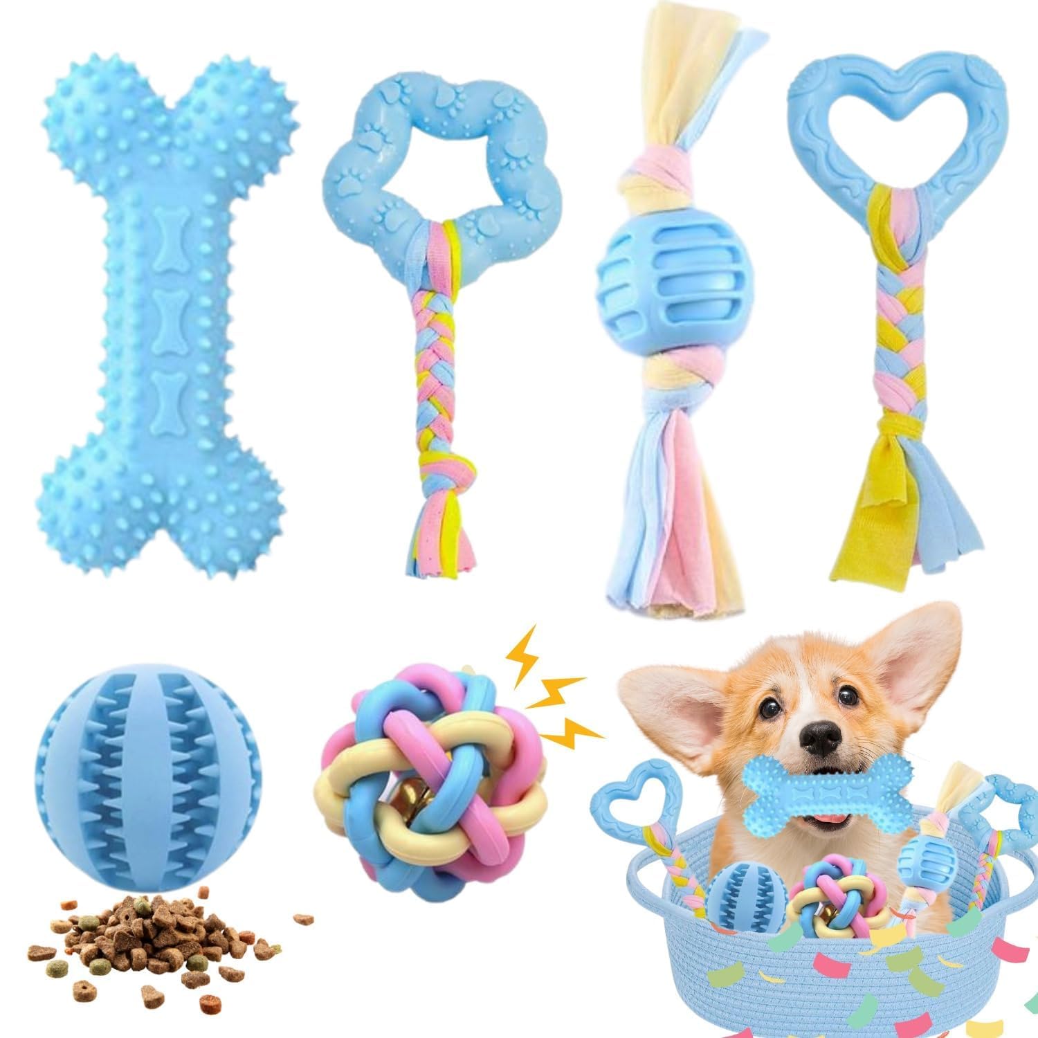 Bambinom Chew Toys For Small Dogs - 6 Pack Teething Set, Soft Rubber, Eco-Friendly, Teeth Cleaning, Interactive Blue Dog Toys