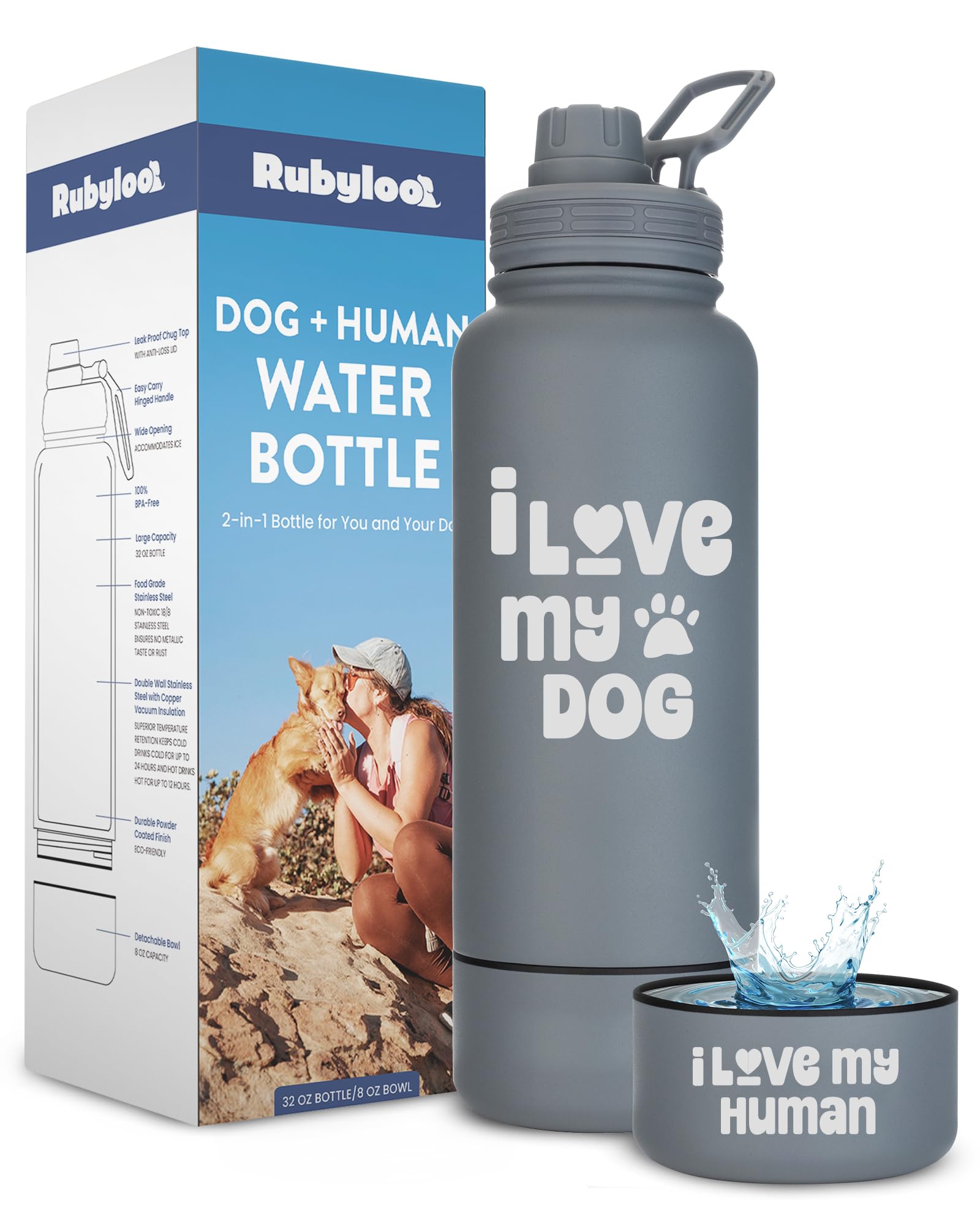 Dog Water Bottle for Dog Lovers - 32 oz Stainless Steel Double Wall Insulated Water Bottle with 8 oz Detachable Bowl - Ideal Dog