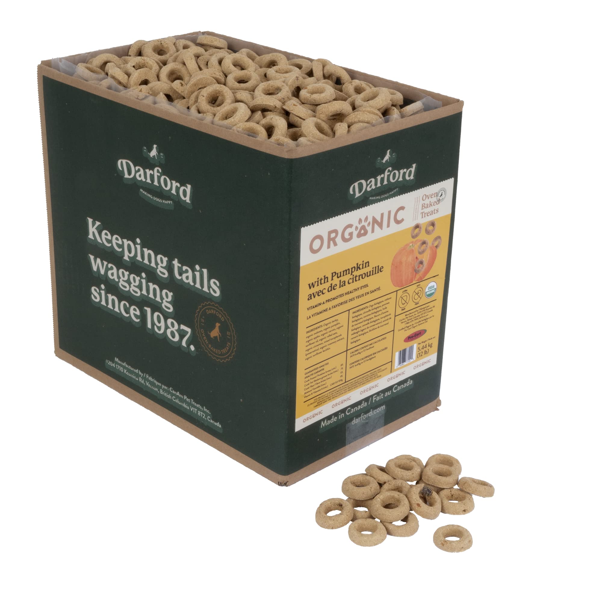 Darford Organic Premium Dog Treats - Pumpkin Recipe - USDA Organic Crunchy Biscuits for Dogs - Made with Organic Grains, Fruits 