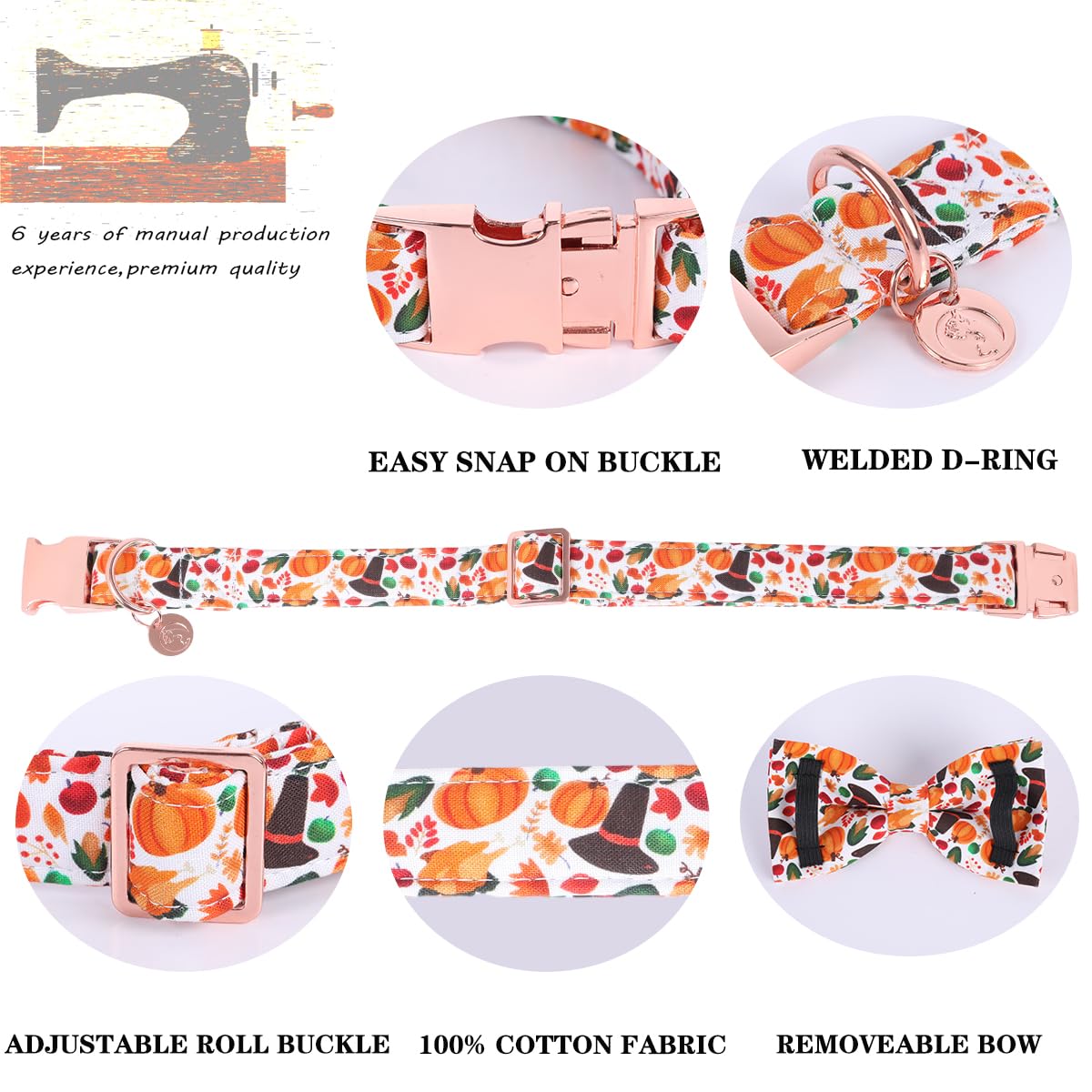 Dogwong Fall Dog Collar With Bowtie - Fall Dog Collar Soft Cotton Autumn Dogs Necklace - Halloween Puppy Necklace For Small Medi