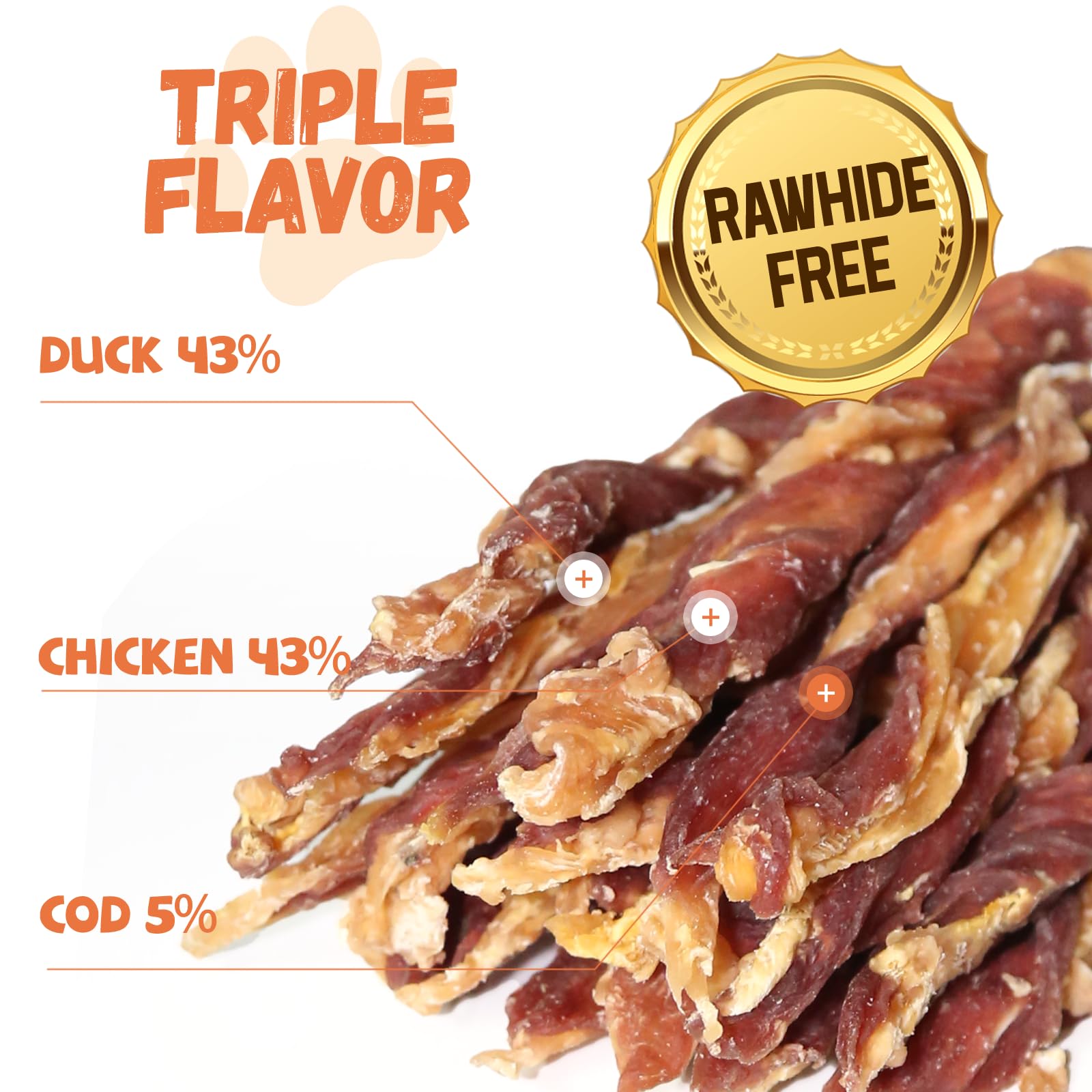 Pawmate Dog Jerky Treats, Triple Flavor Chicken Duck Wrapped Cod Twisted Sticks 5, Rawhide Free Grain Free Dog Training Snacks