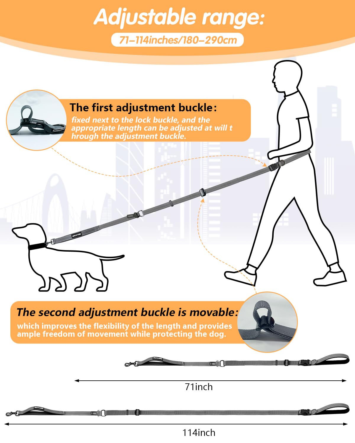 Wanfire Hands Free Dog Leash, Multifunctional Crossbody Heavy Duty Dog Leash, 9.5 Ft Long Waist Belt With Car Safety Buckle For