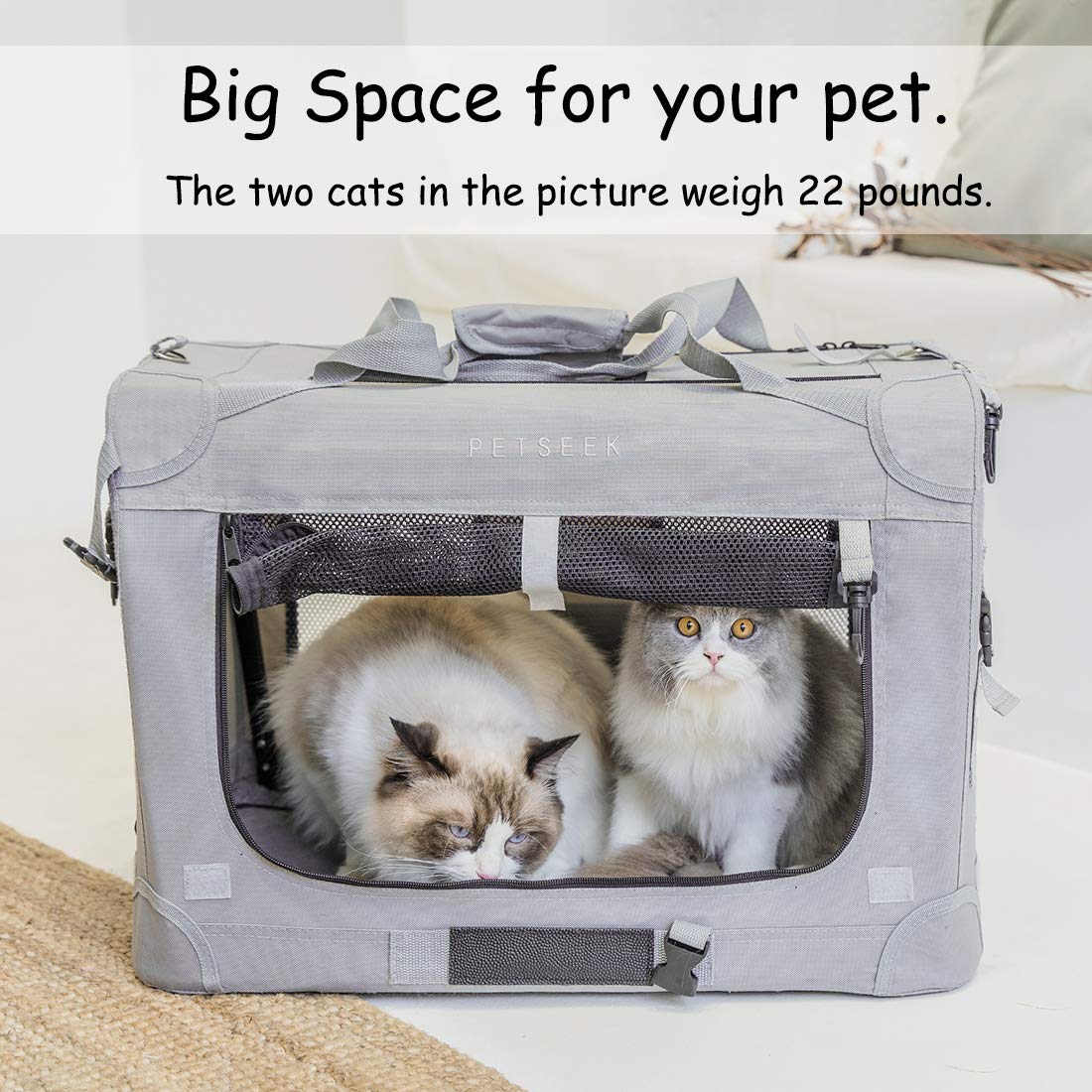 Petseek Extra Large Cat Carrier Soft Sided, Portable Small Dog Carrier For 2 Cats, 24''X16.5''X16'' Car Travel Folding Comfortab