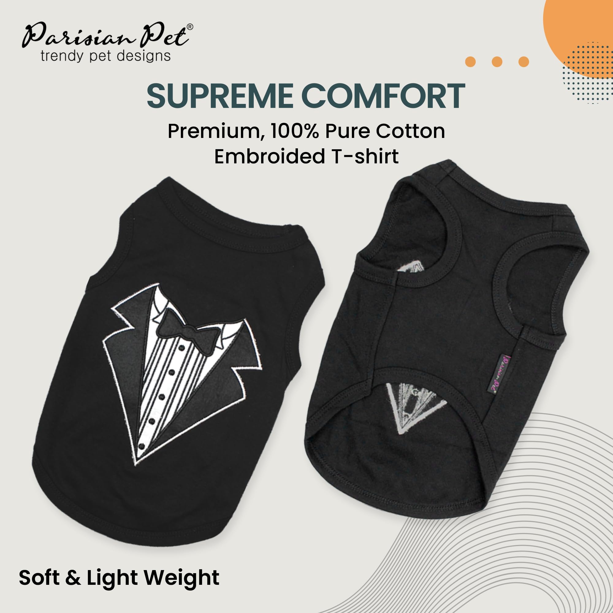 Parisian Pet Dog Tshirt - Embroidered  Tuxedo Tank Top - 100% Cotton And Lightweight Dog Clothes - Sleeveless Machine Washable B