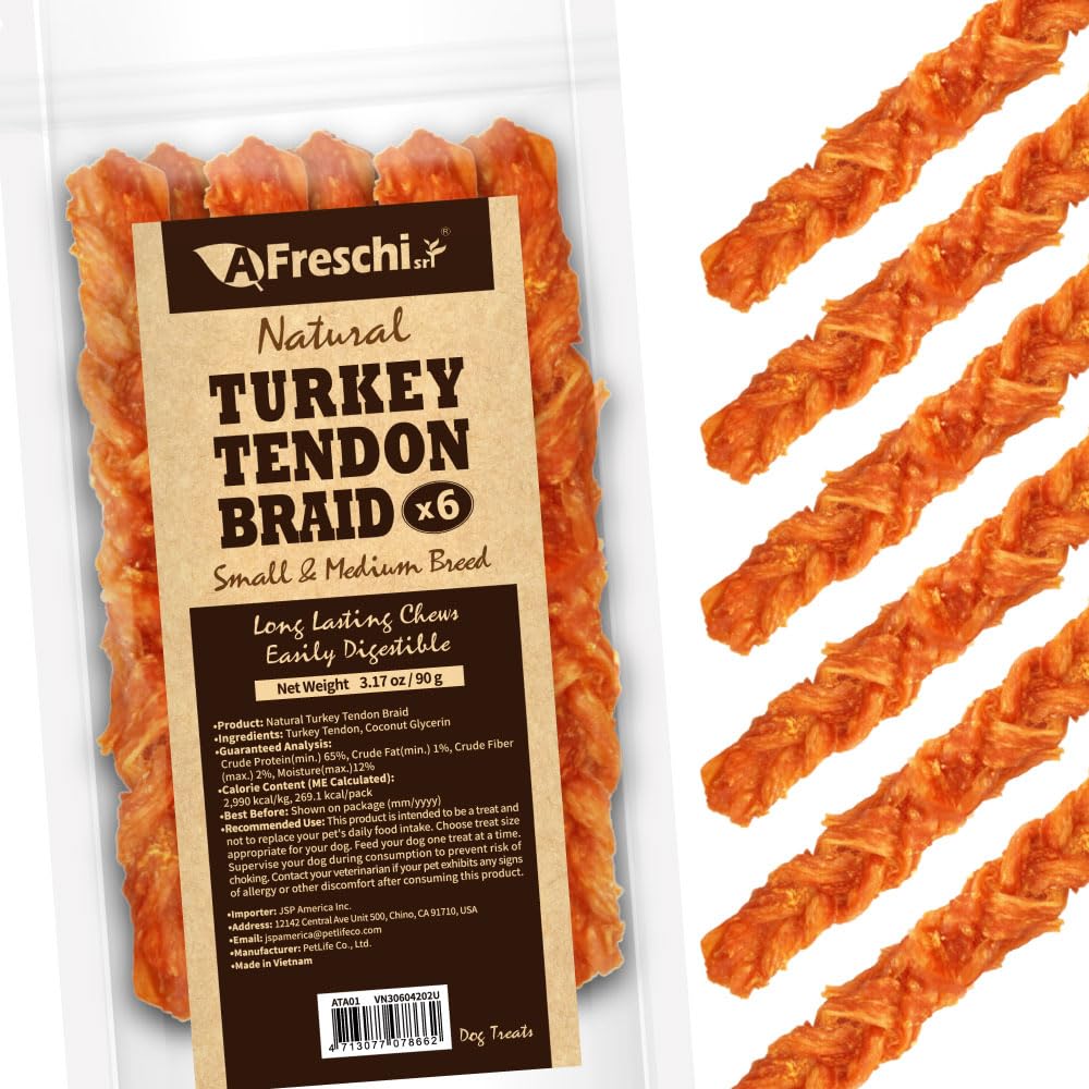 Afreschi Turkey Tendon Braid (M) 3.17 oz, USA-Sourced Turkey Tendon, All Natural Human Grade Dog Chew, Hypoallergenic, Rawhide A