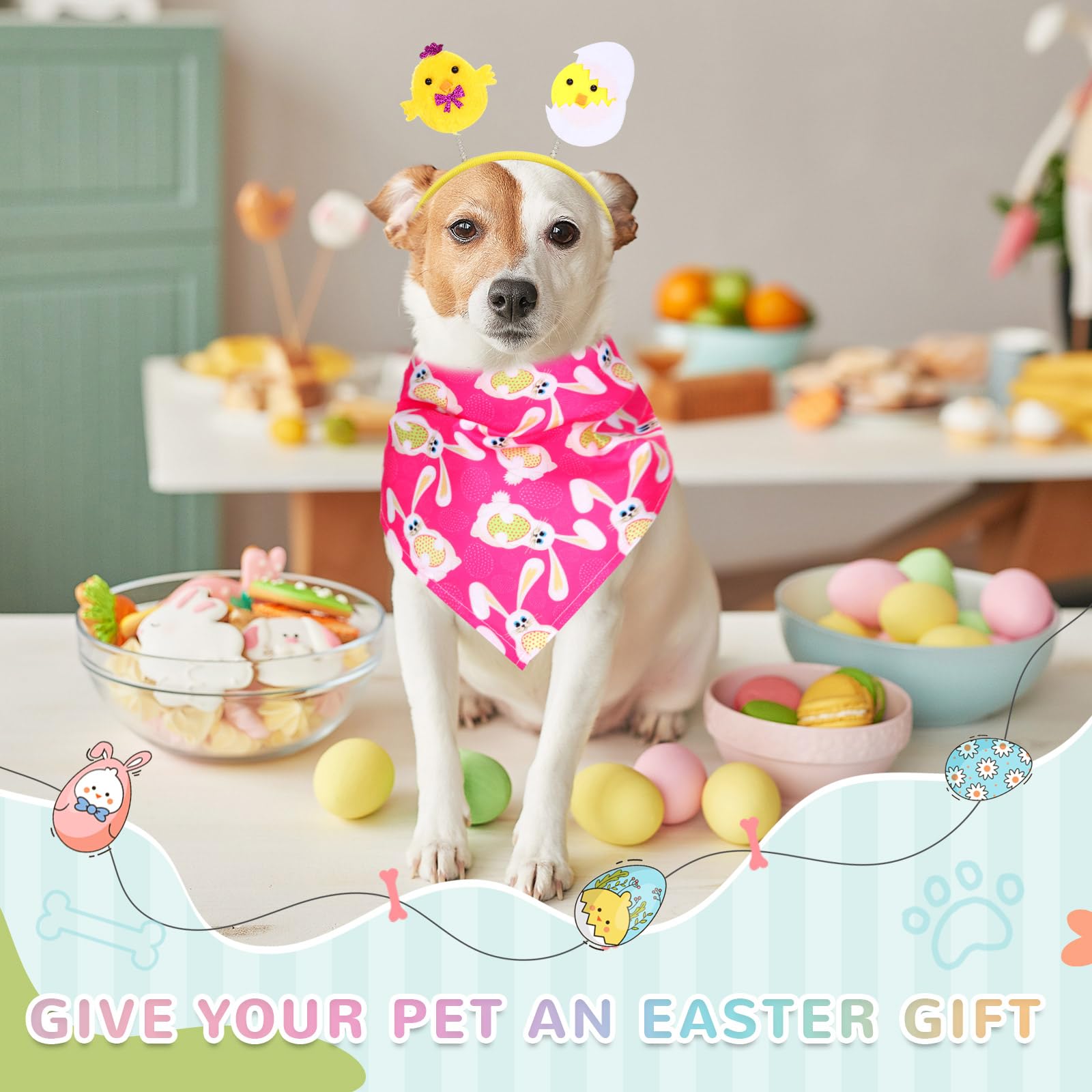 Miniinflat 8 Pieces Easter Dog Costume Set 4 Bunny Headbands For Dogs 4 Bandanas Sequin Egg Boppers For Small, Medium & Large Pe
