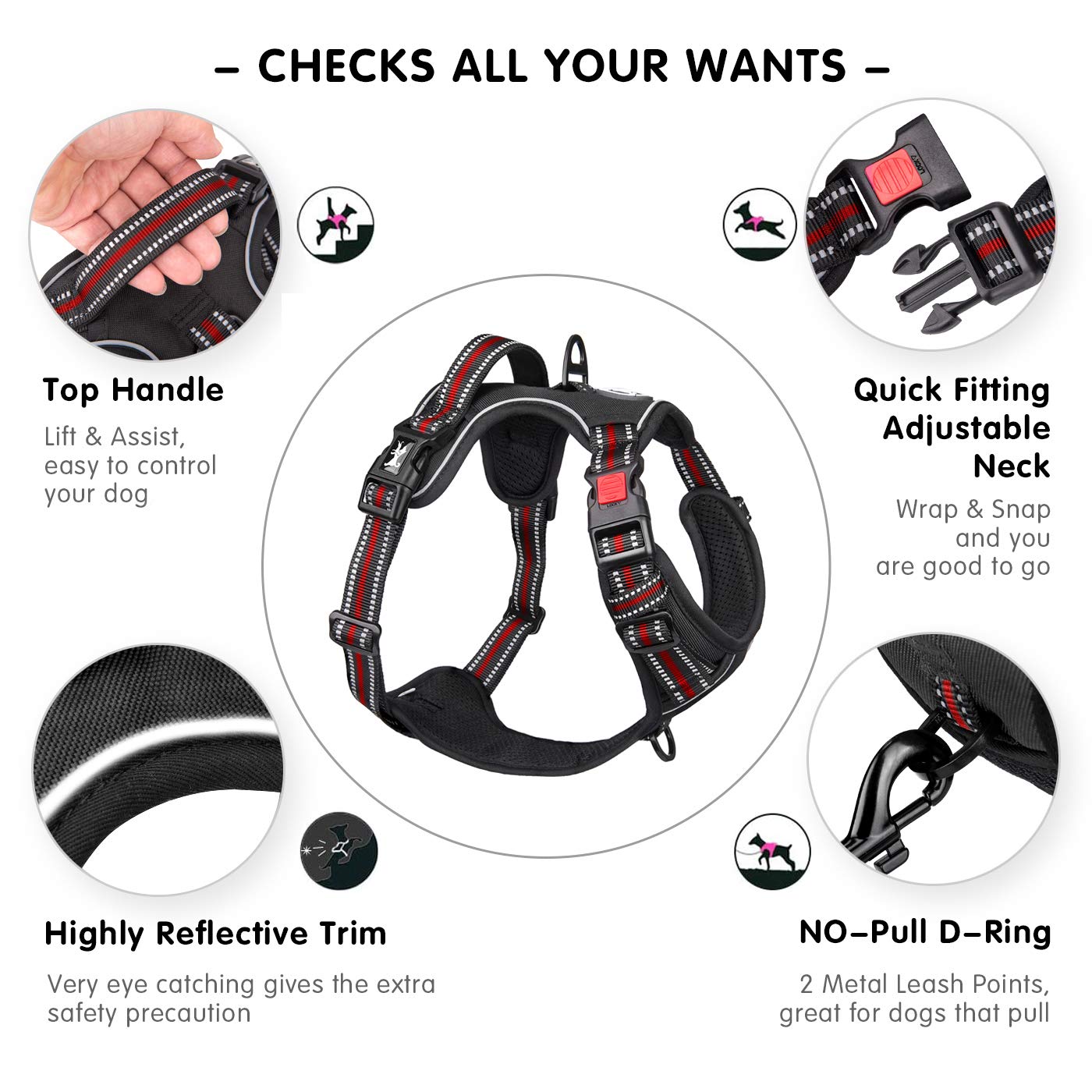 PoyPet No Pull Dog Harness, [Release on Neck] Reflective Adjustable No Choke Pet Vest with Front & Back 2 Leash Attachments(Blac
