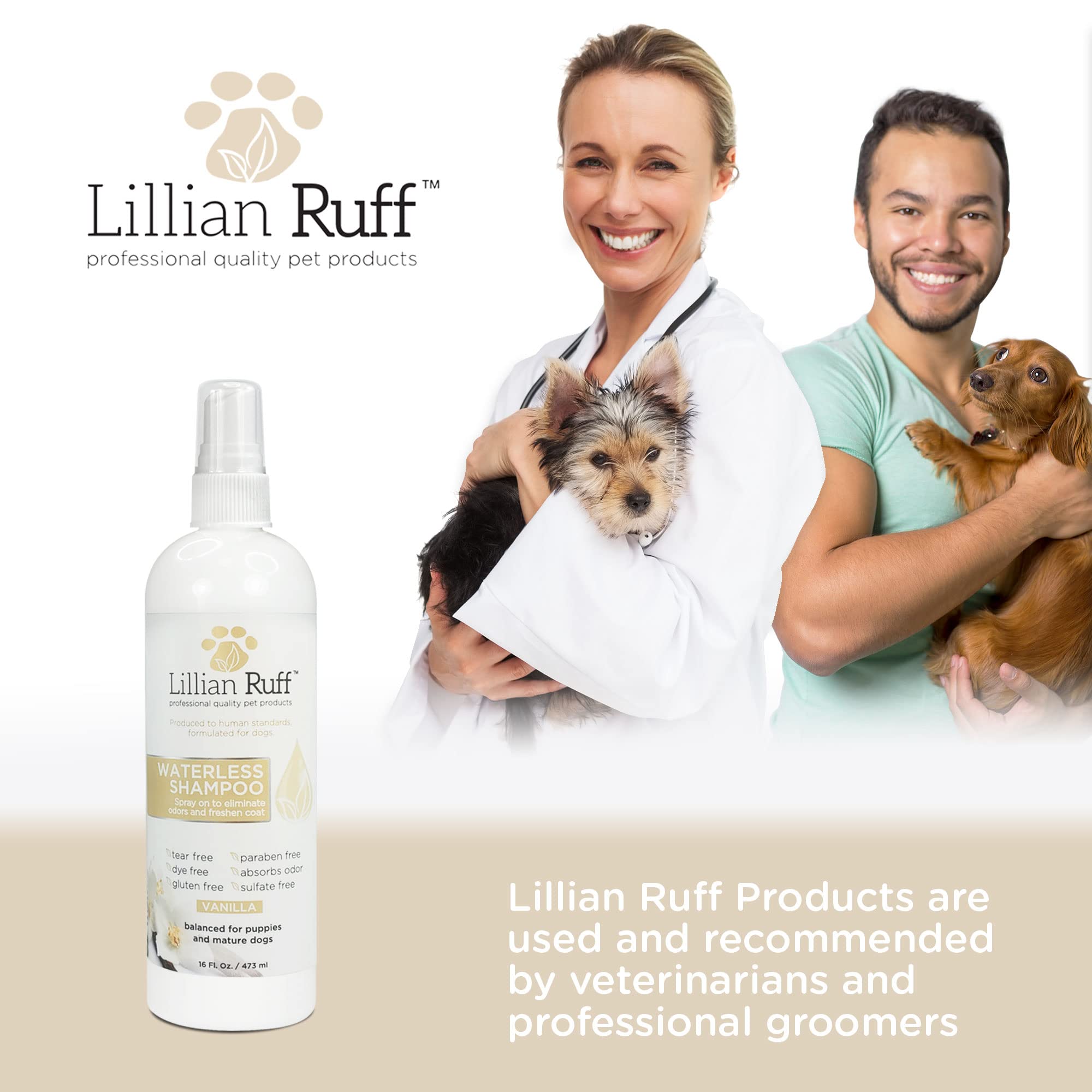 Lillian Ruff Waterless No-Rinse Dog Shampoo Spray - pH-Balanced, Hydrating Essential Oils, Vanilla Scent, for Sensitive Skin