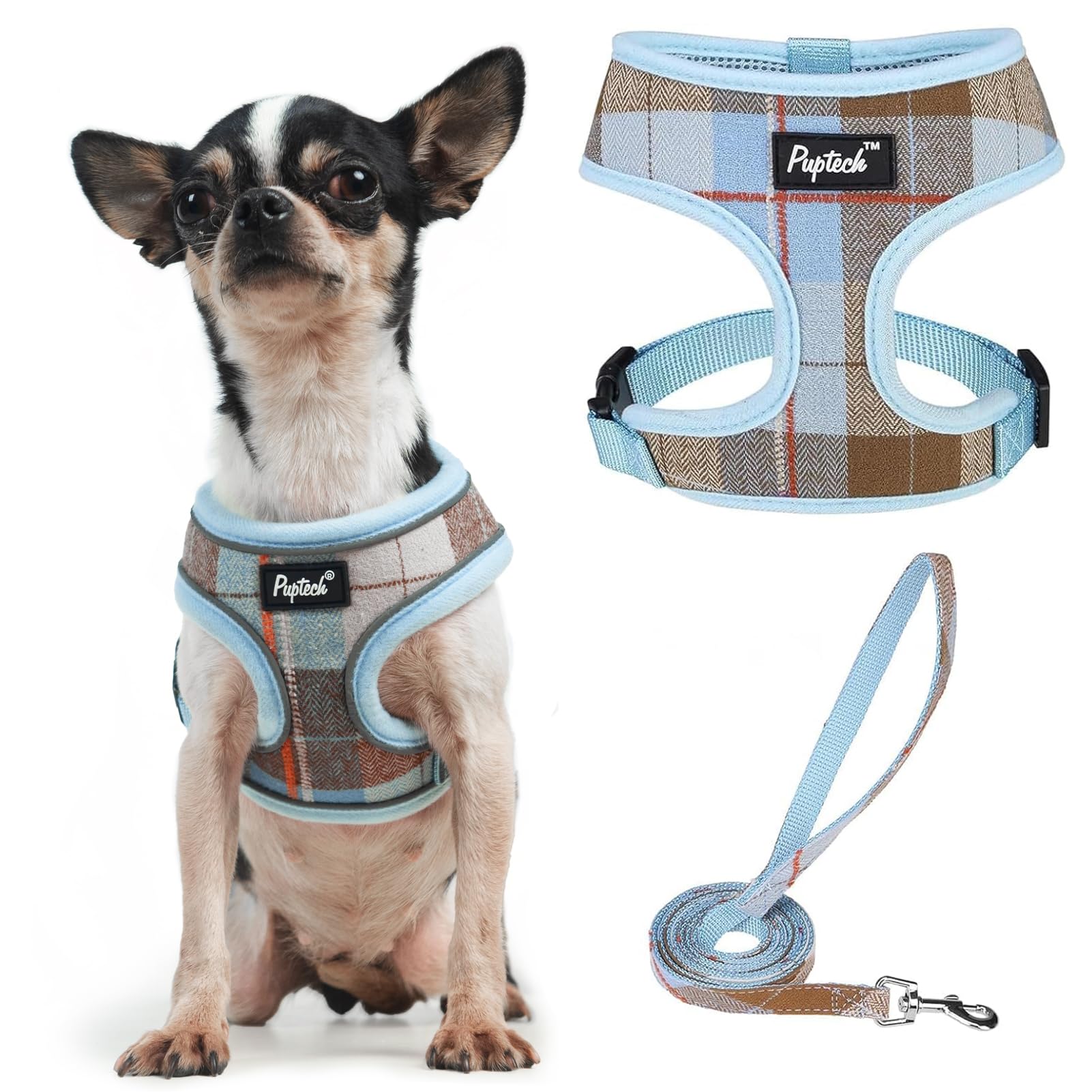 Pupteck Soft Mesh Dog Harness And Leash Set Pet Puppy Cat Comfort Padded Vest No Pull Harnesses, Blue&Brown, Xs