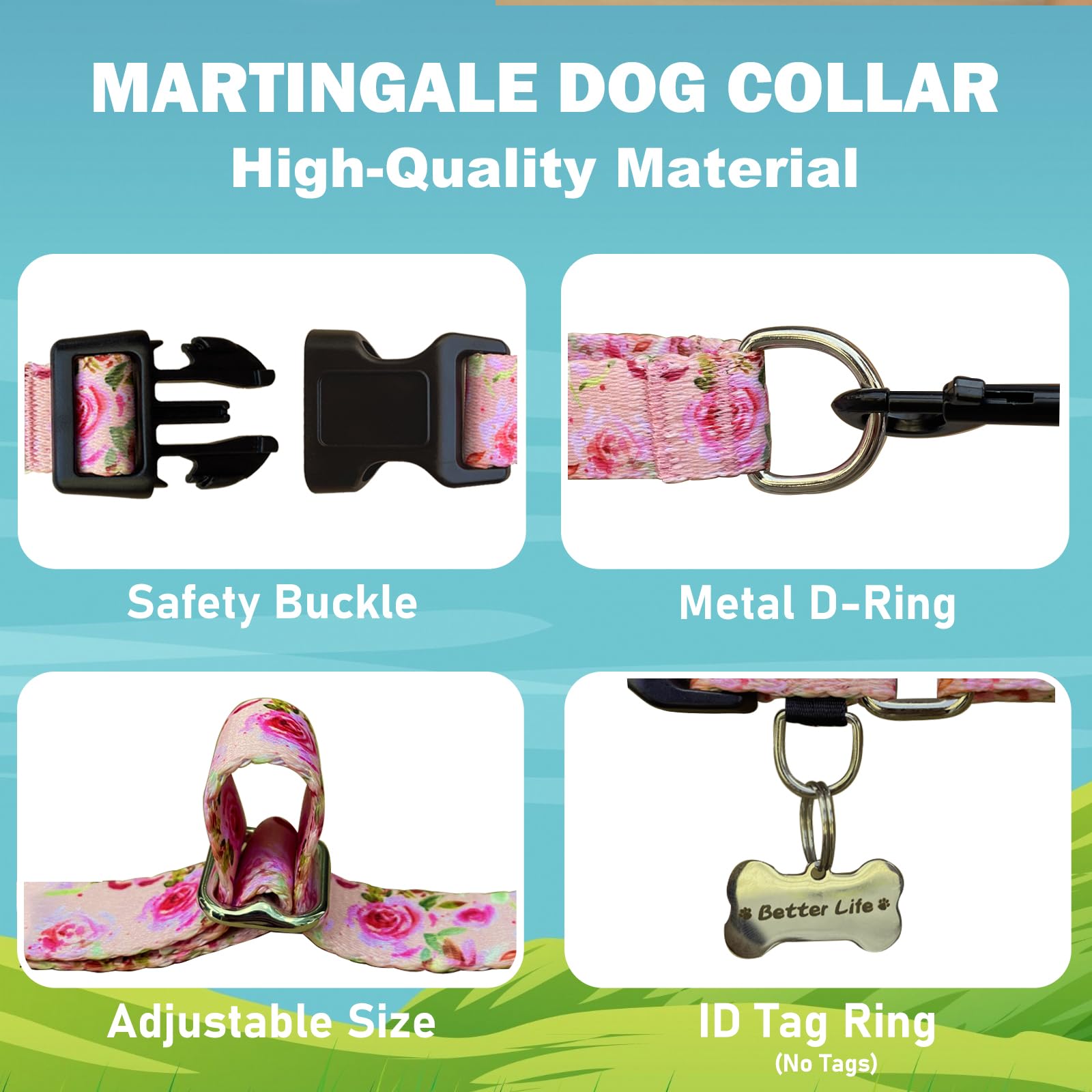 Fidohug Female Martingale Dog Collar With Buckle Cute Girl Pink Floral Dog Collars For Medium Dogs, Watercolor Pink Rose