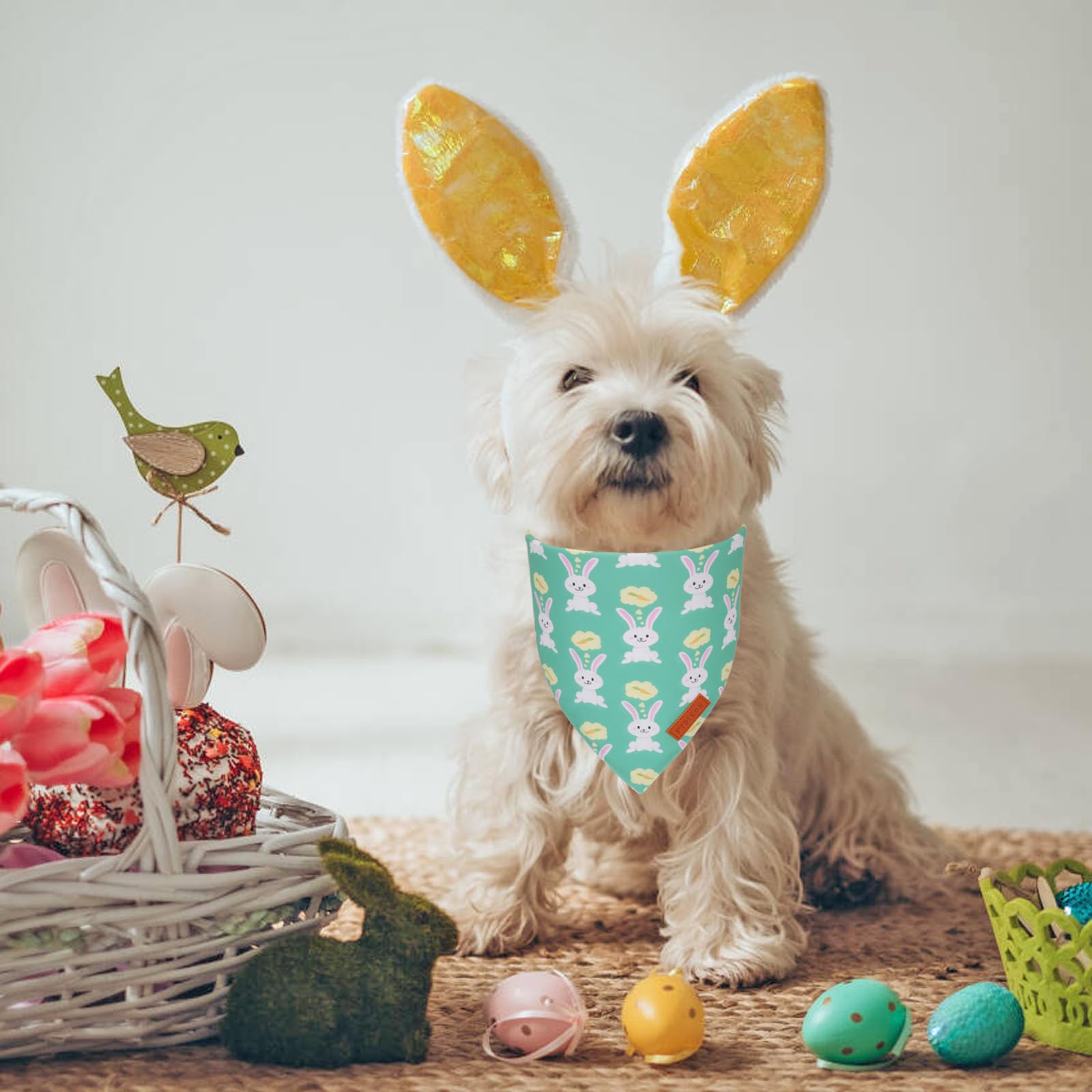 Ptdecor Easter Dog Bandana, Green And Yellow Rabbit Carrot Reversible Holiday Dog Scarf, Multi Size, Triangle Pet Easter Bandana