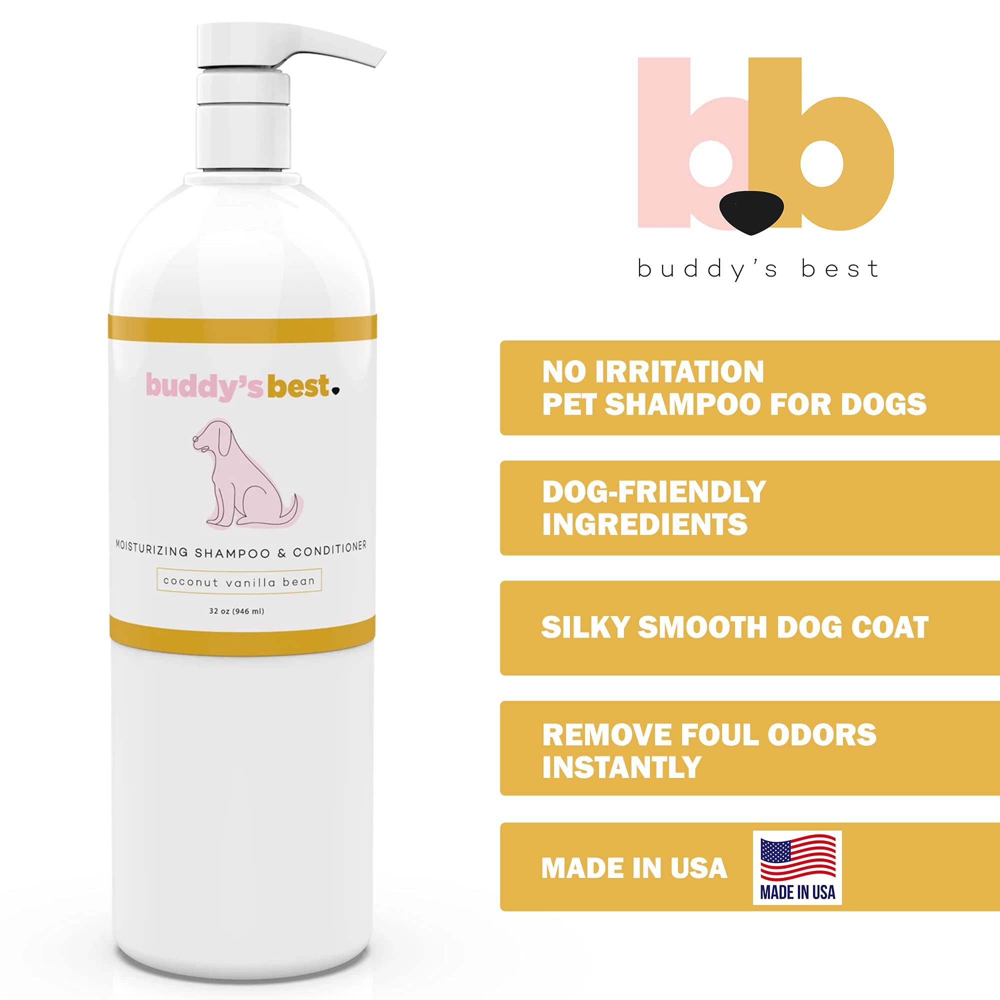Buddy'S Best Dog Shampoo For Smelly Dogs - Dog Shampoo And Conditioner For Dry And Sensitive Skin - Moisturizing Puppy Wash Shampoo, Coconut Vanilla Bean Scent, 16Oz