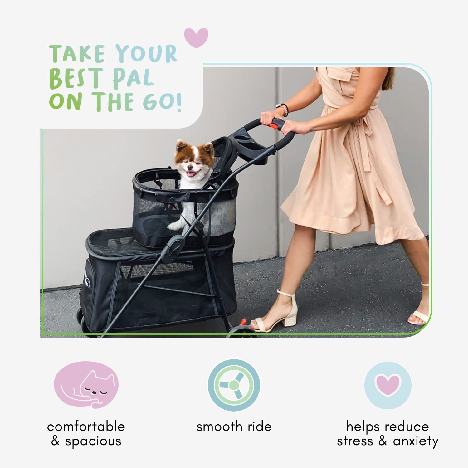 PETIQUE Double Decker Pet Stroller - Black, Dual Bassinets, Lightweight, Removable Pee Pads, Adjustable Leashes for Small/Medium Pets