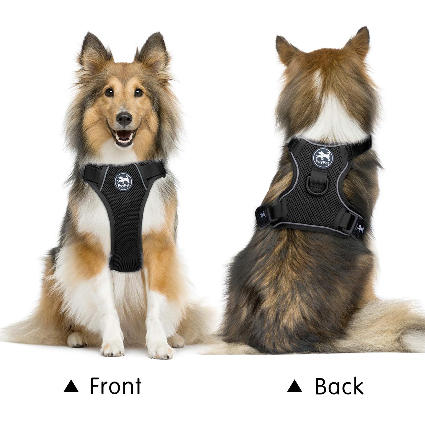 Poypet Reflective Soft Breathable Mesh Dog Harness Choke-Free Double Padded Vest With Adjustable Neck And Chest(Black,L)