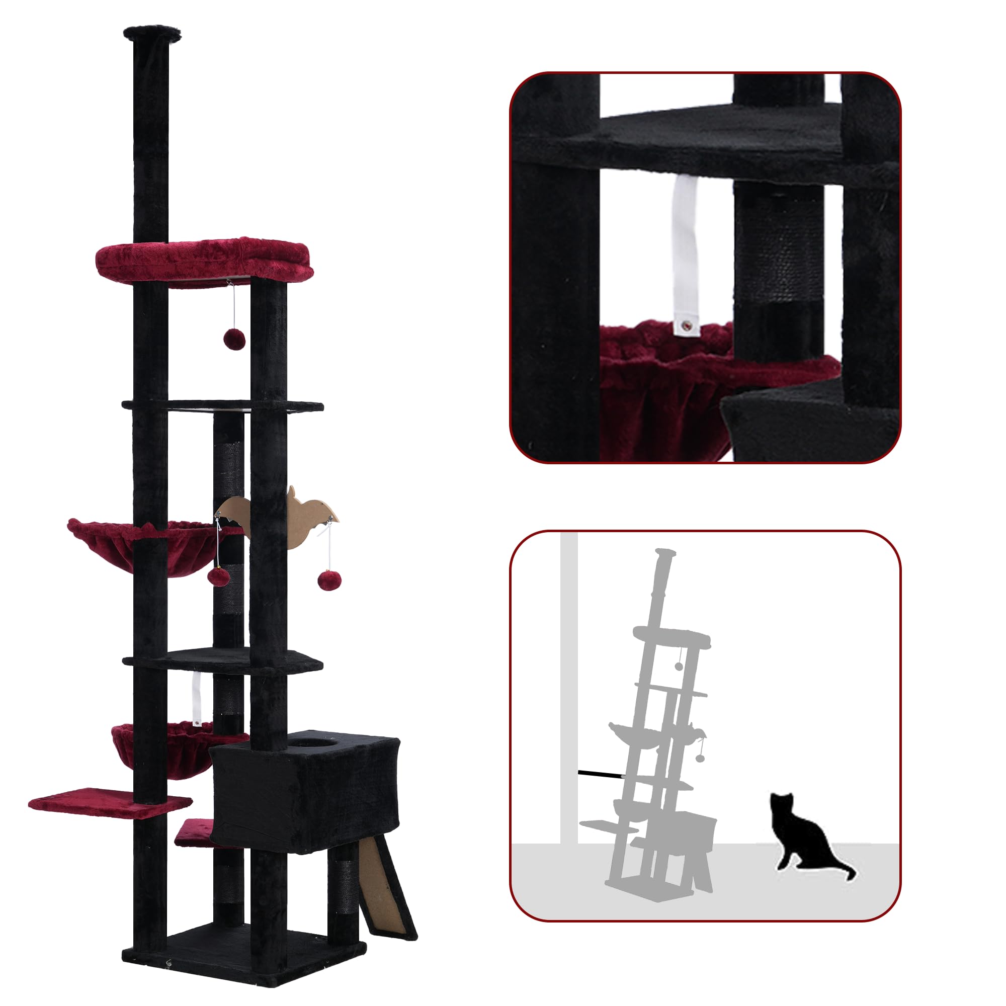 Hebly Cat Tree 92.5-104.3 Inches With Hammock, Floor To Ceiling Gothic Cat Condo,Tall Cat Climbing Tower Adjustable With Scratch
