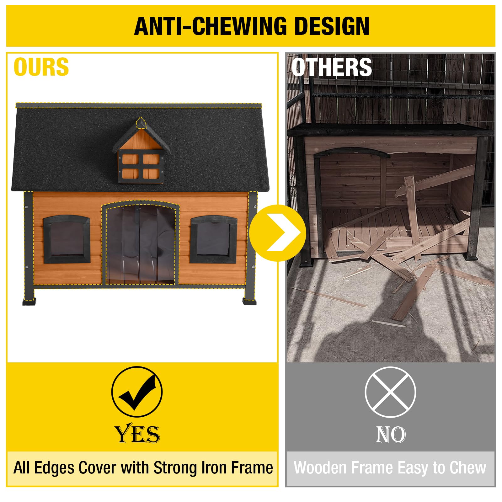 Aivituvin Large Dog House Anti-Chewing Metal Frame Design Insulated Wooden Dog Kennel With Unique Design Roof, Weatherproof Dog