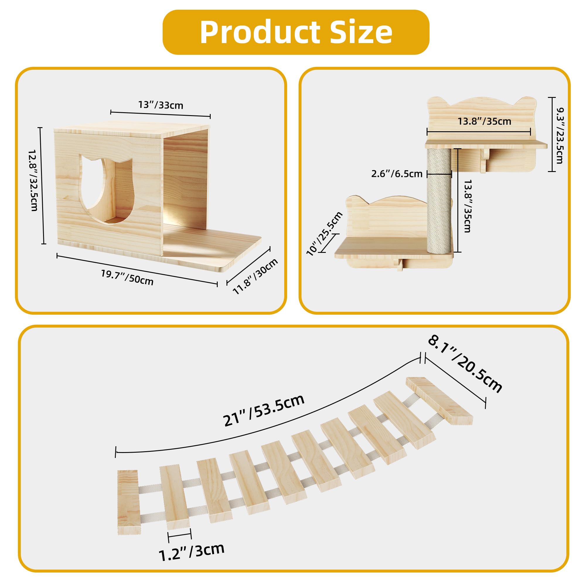 Homiflex Cat Wall Shelves, Wood Cat Wall Furniture(5 Piece Set), Solid Wooden Feline Shelf, with House, Steps, Bridge Ladder and