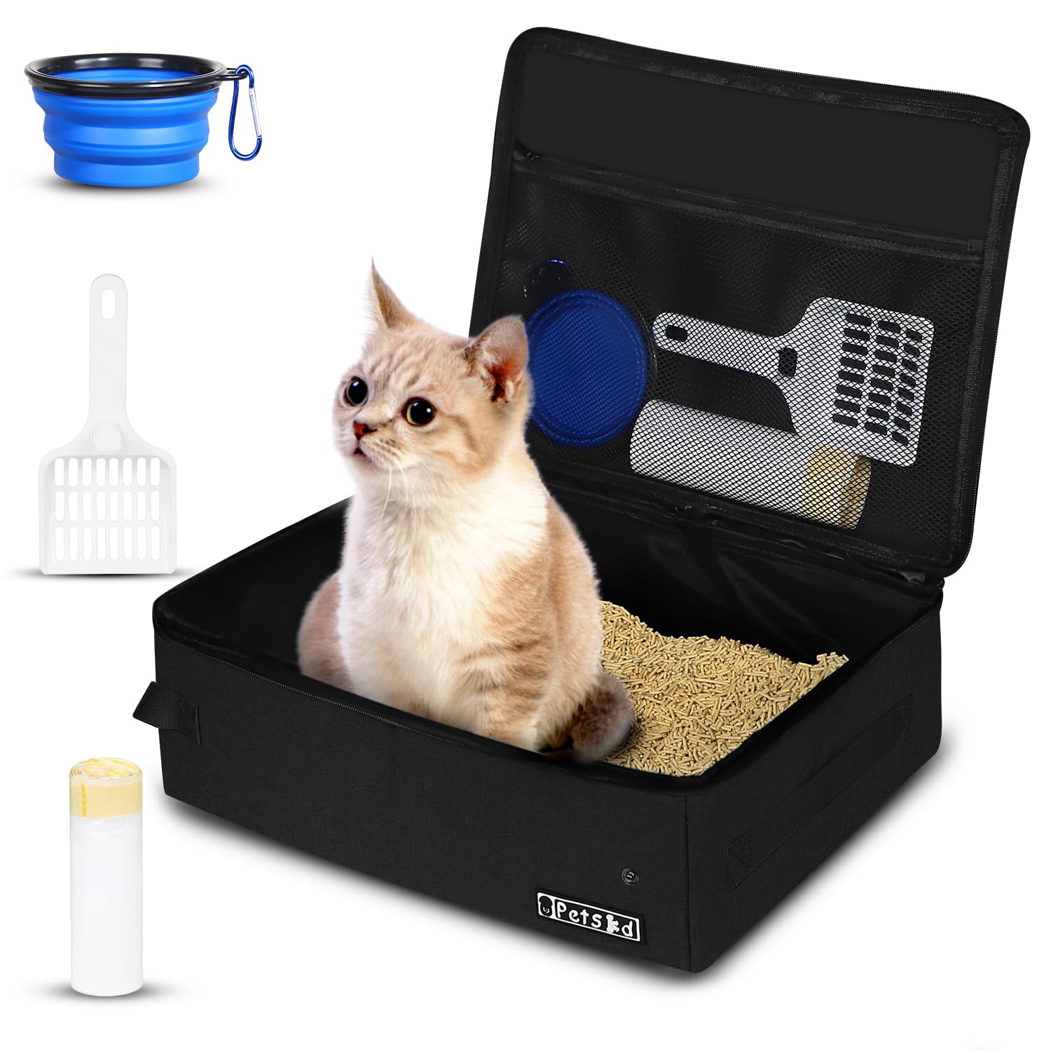 Petskd Portable Cat Travel Litter Box with Lid and 10 pcs Disposable Liner Bags, Leak-Proof and Collapsible, Cat Travel Essentia