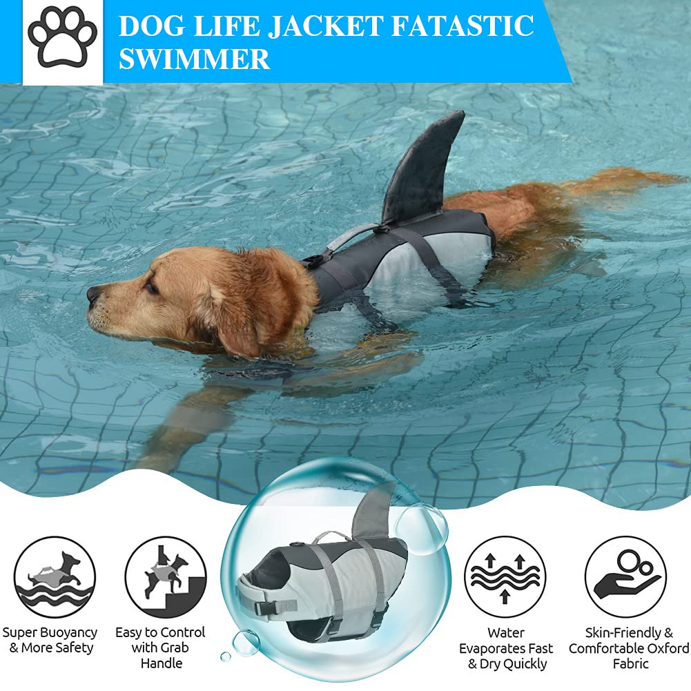 Dog Shark Life Jacket, Dog Life Vest For Swimming Adjustable Pet Life Preserver With Rescue Handle Large