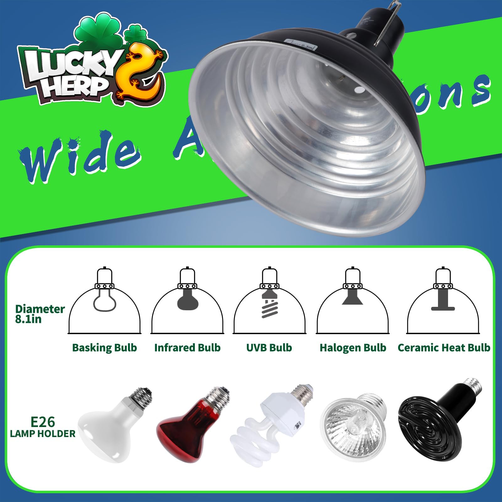 Lucky Herp Reptile Light Fixture 8.1Inch- Lightweight Aluminum Reflector Dome Reptile Light Fixture, Reptile Heat Lamp Fixture F