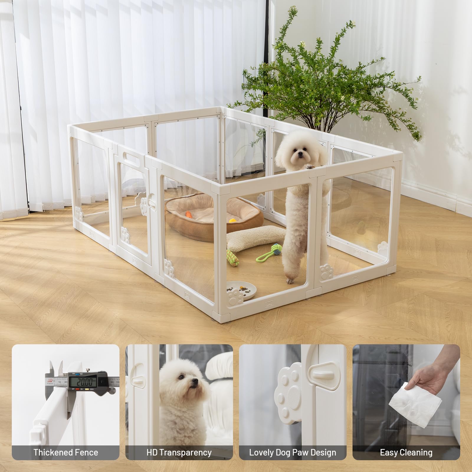 Bumubi Dog Playpen Clear Acrylic Plastic For Puppy Cat Rabbit Transparent Pet Pen Puppy Playpen Indoor Easy Assemble Foldable Wh