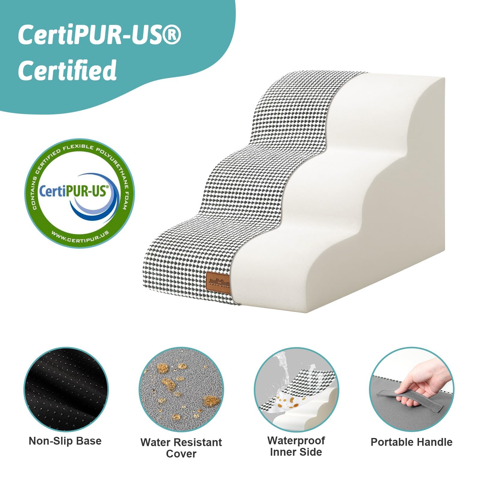 COZY KISS Dog Stairs, 3 Step Foam Ramp for Small Dogs & Cats, 15.7" H, White Black, Curved Design for Couch or Chair