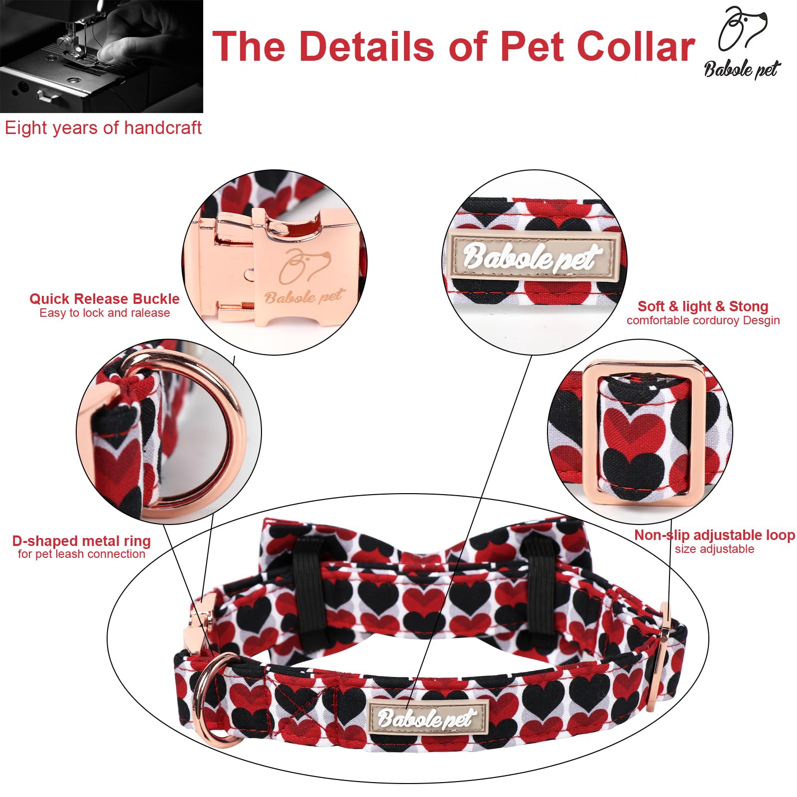 Babole Pet Valentine Dog Collar for Small Dog with Bow Tie, Red&Black Love Heart Valentine Dog Collars with Safety Metal Buckle