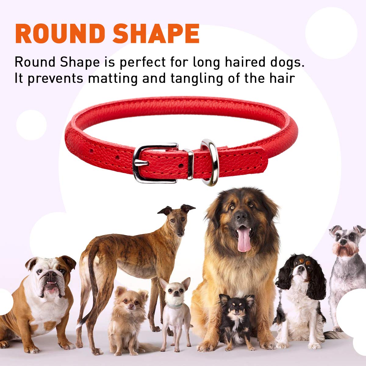 Dogline Rolled Leather Dog Collar - For Small, Medium And Large Breeds - Soft And Padded Round Luxury Design W1/2'' - L19-22, Re