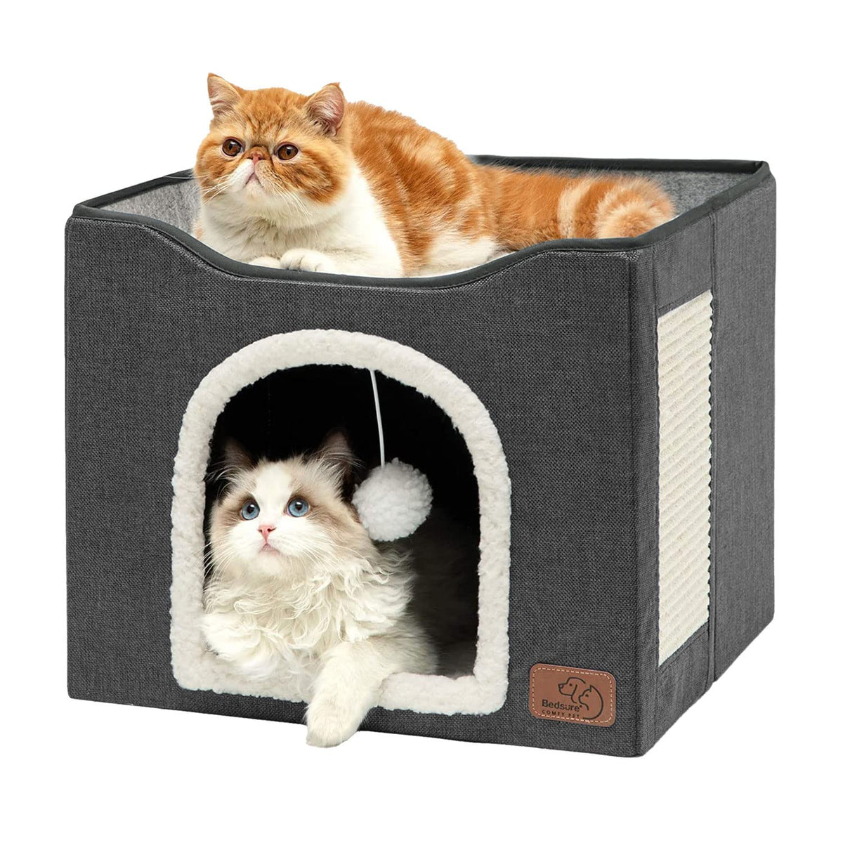 Bedsure Cat Beds For Indoor Cats - Large Cat Cave For Pet Cat House With Fluffy Ball Hanging And Scratch Pad, Foldable Cat Hideaway,16.5X16.5X13 Inches, Dark Grey