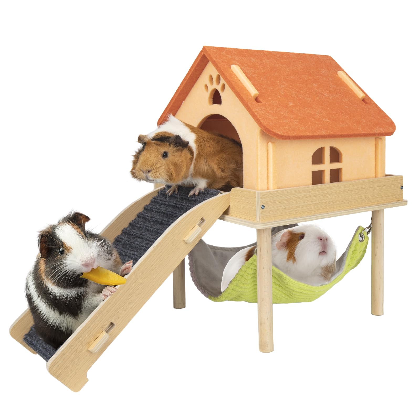 Besnew 3 In 1 Enlarged Guinea Pig Hammock,Wooden Guinea Pig Hideout With House & Platform & Stairs Small Animal Toys For Hiding 