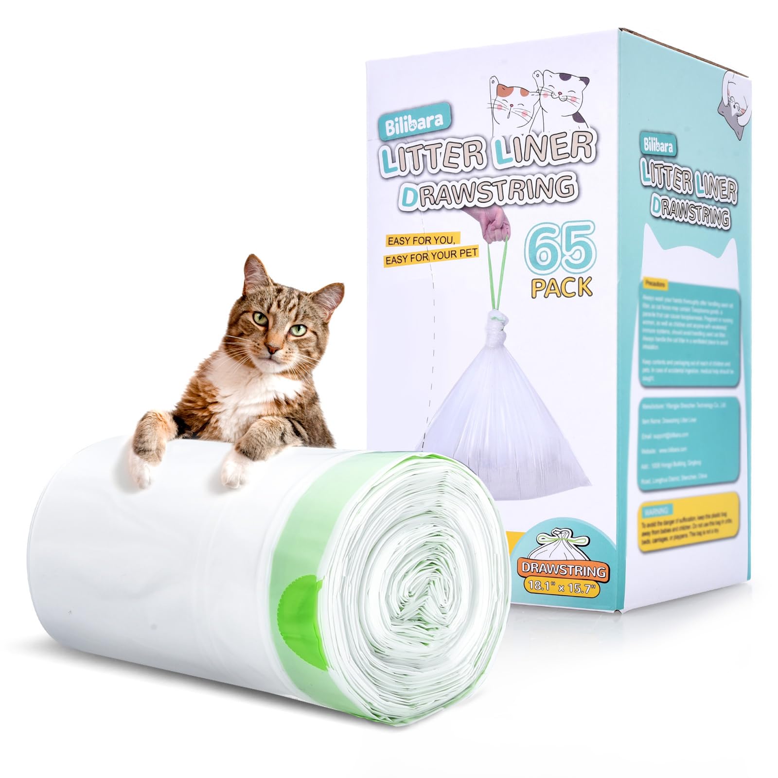 Bilibara 65 Count Drawstring Litter Box Liner Bags for Auto Self-Cleaning Litter Box, Extra Thick Leak Proof Cat Litter Replacem
