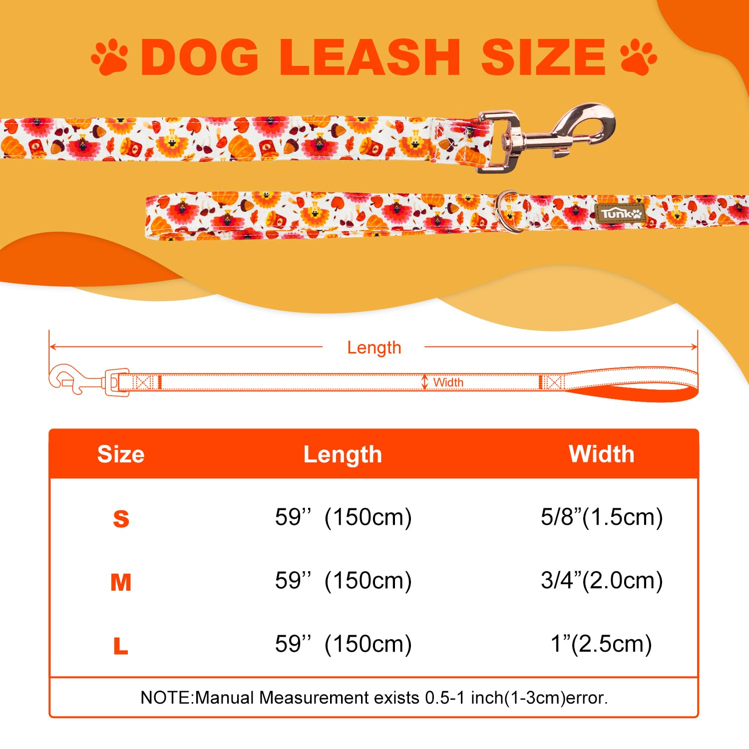 Tunkoo Dog Leash Pumpkin And Turkey Pattern - Durable, Stylish Thanksgiving Pet Leash, Available In Small, Medium And Large, Dai