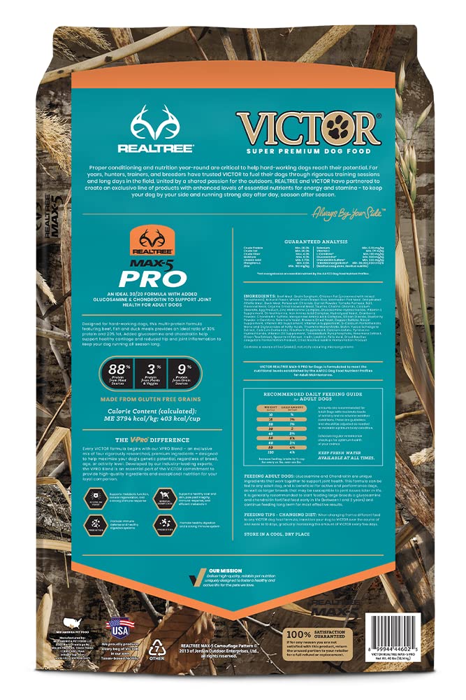 Victor Super Premium Dog Food - Realtree MAX-5 PRO Dry Dog Food - 30% Protein, Gluten Free for Active Adult Dogs, 40lb