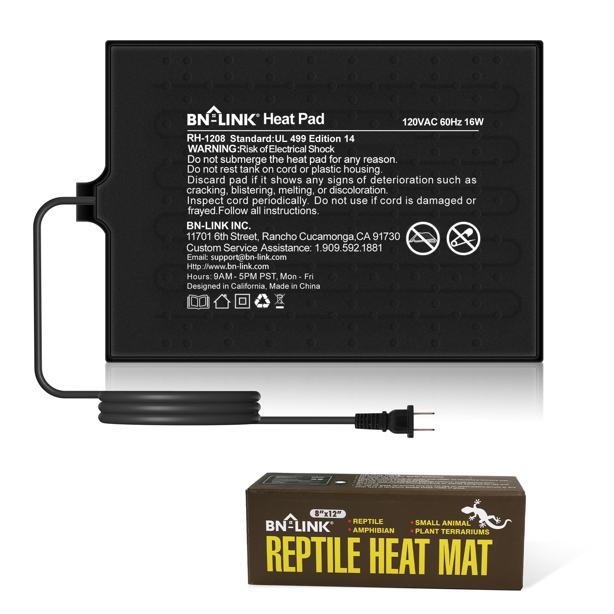 Bn-Link Reptile Heat Pad 8''X12'' 16W For 30-40Gal Under Tank Terrarium Heating Mat Waterproof For Turtle, Lizard, Frogs, Snake,