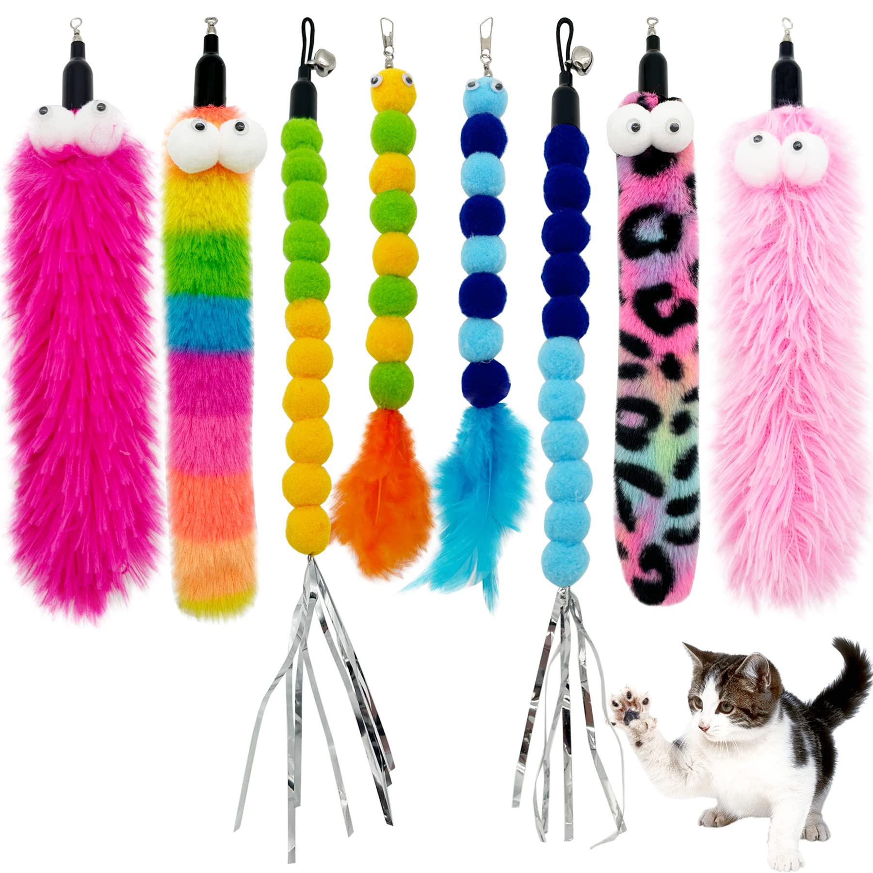 Cateneed Cat Wand Replacement Worm Cat Toys, 8 Pieces Cat Wand Attachments Assorted Worms Feather Refill Toy For Indoor Cats