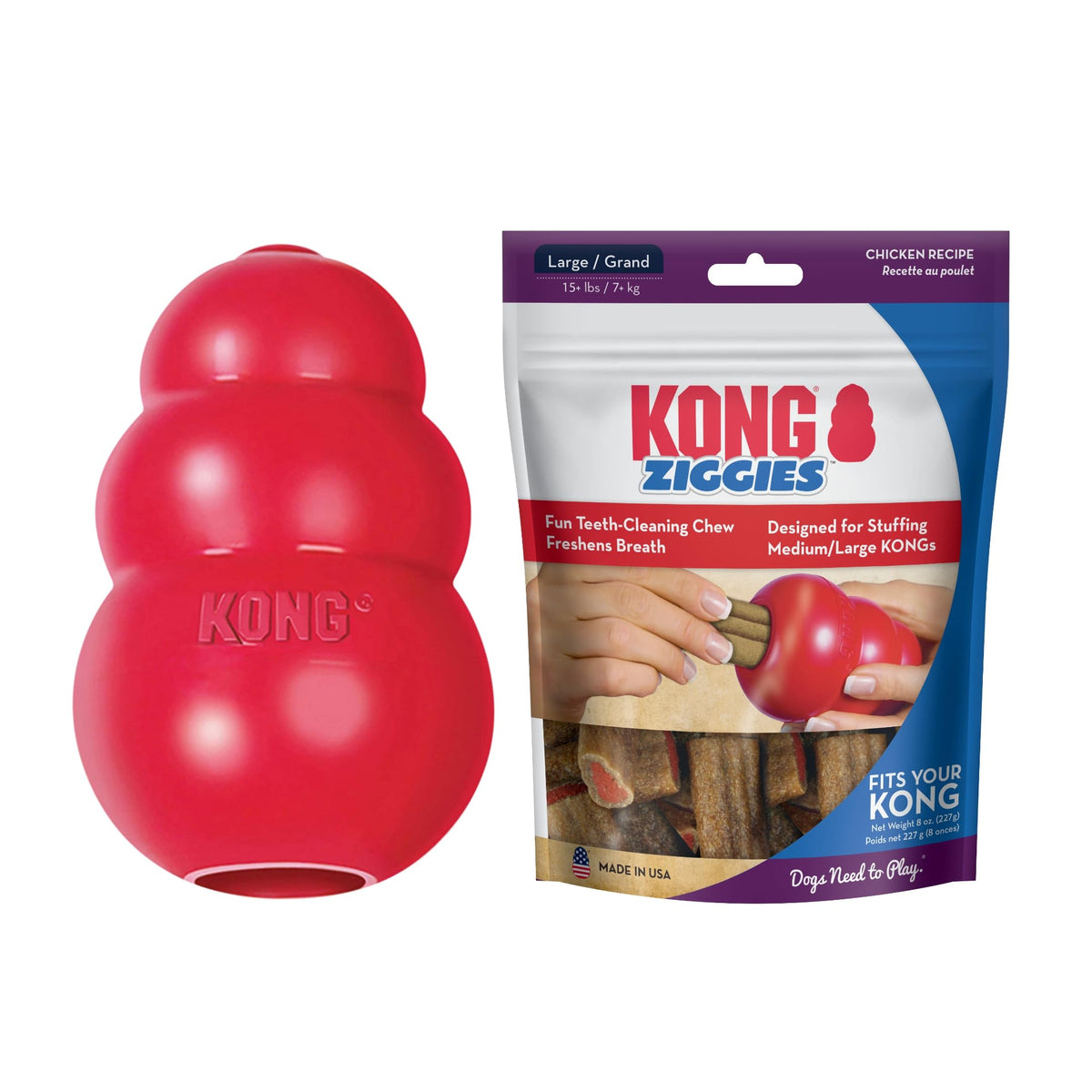 Kong Classic Toy & Ziggies Treats Combo Pack - Durable Chew Toy For Dogs - With Ziggies Chicken-Flavored Treats - Dog Accessorie