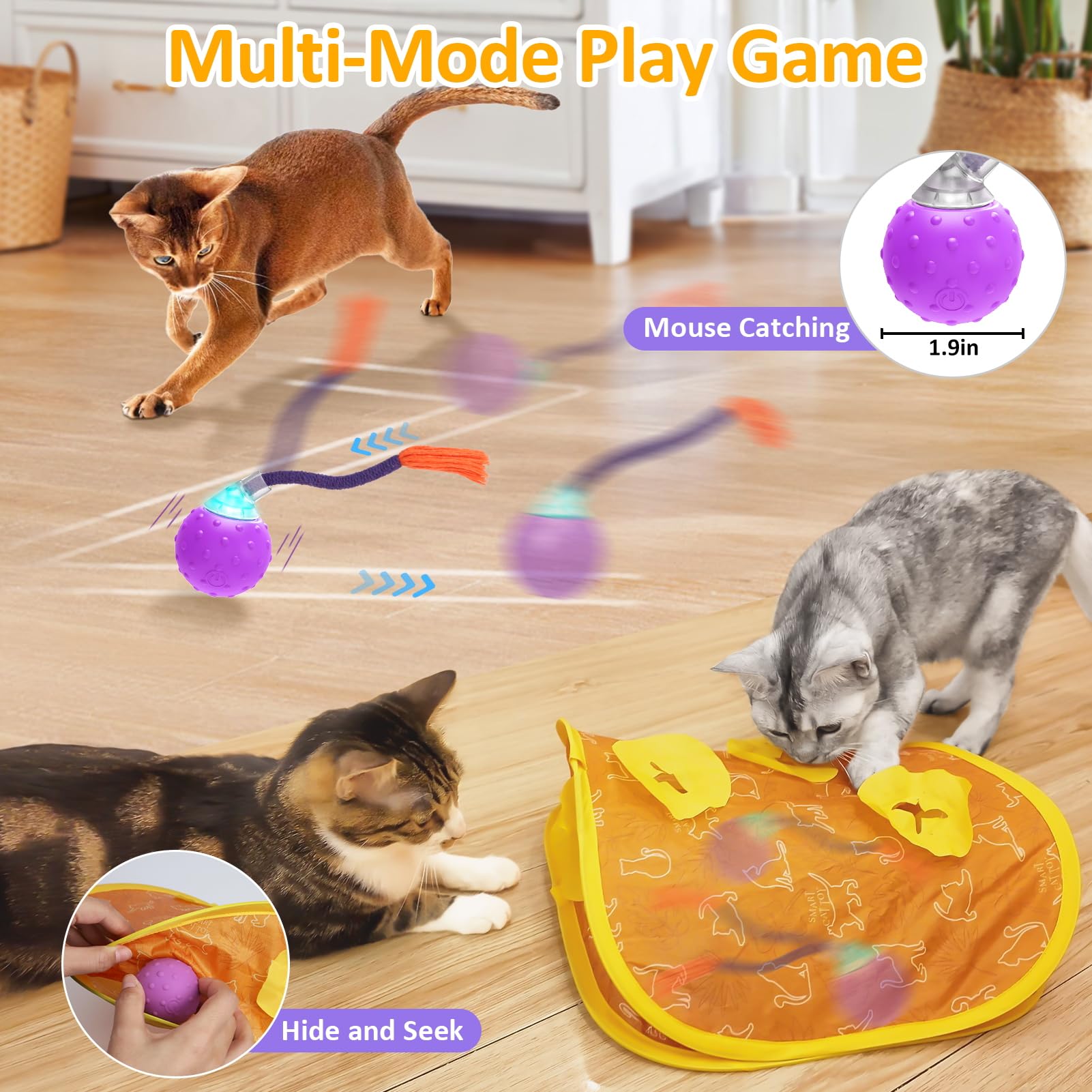 Saolife Interactive Cat Toys Ball Fast Rolling In Pouch, Touch Activated, Hide And Seek, Moving Ball With Tail, Real Mouse Squea