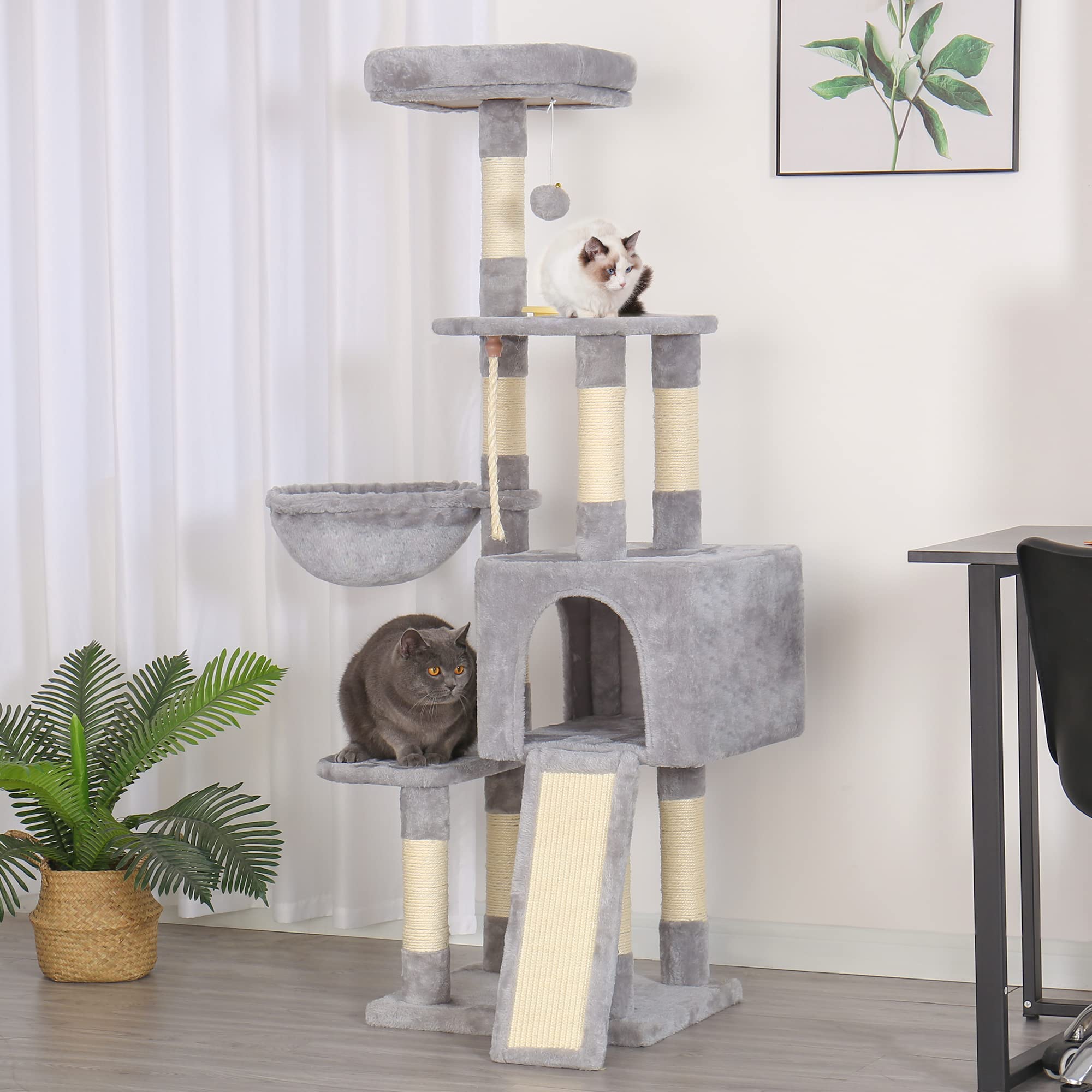 Heybly Cat Tree, Cat Tower For Indoor Cats With Scratching Board, Multi-Level Cat Furniture Condo With Feeding Bowl Light Gray H